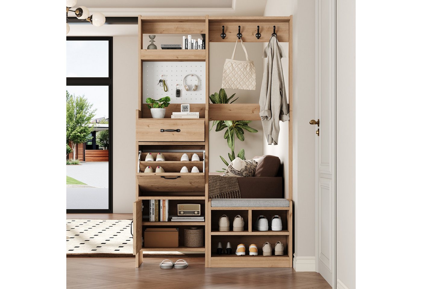 OKWISH Garderoben-Set Multifunktionale Flurgarderobe, (mit Sitzbank, 4 Kleiderhaken, 2 Türen und Schublade,mit Lochwand und Stauraum, 1-St., B108.5 x T35 x H180 cm) von OKWISH