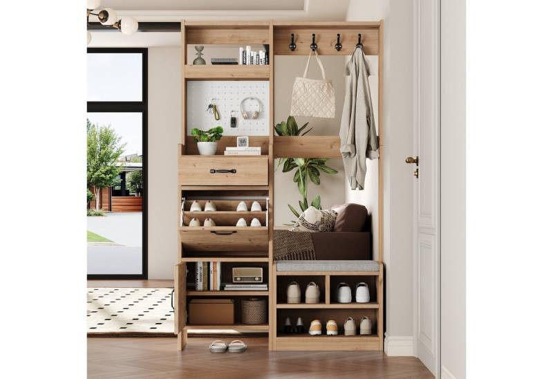 OKWISH Garderoben-Set Multifunktionale Flurgarderobe, (mit Sitzbank, 4 Kleiderhaken, 2 Türen und Schublade,mit Lochwand und Stauraum, 1-St., B108.5 x T35 x H180 cm) von OKWISH