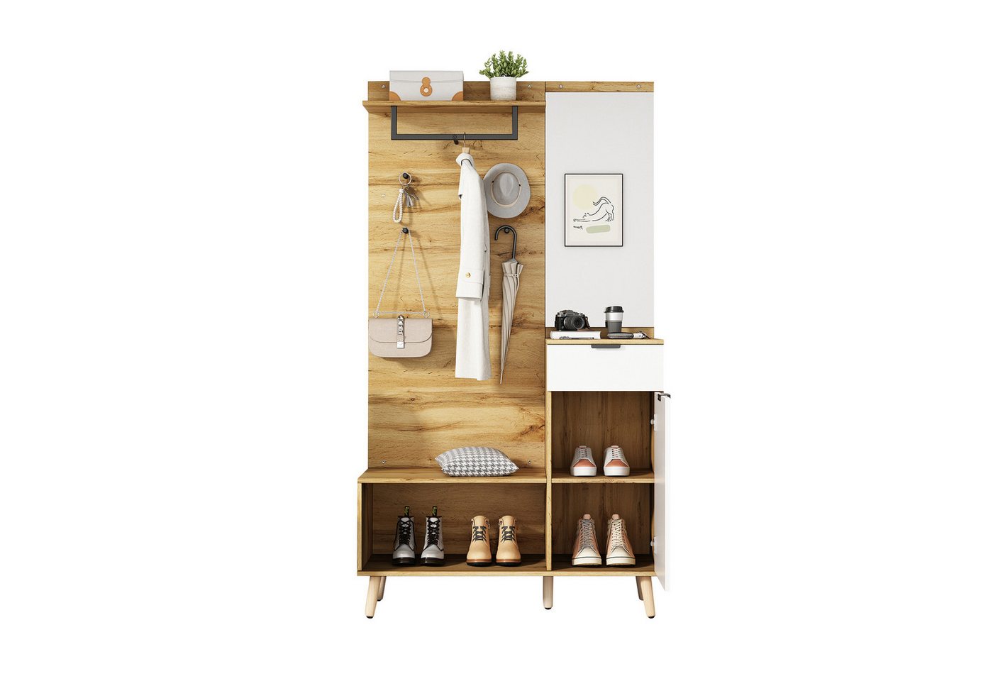 OKWISH Garderoben-Set in Holzoptik mit Spiegel, (Schuhbank, Schuhschrank, 1-St., mit Schublade, Regal, Kleiderhaken), Schuhbank mit Polster von OKWISH
