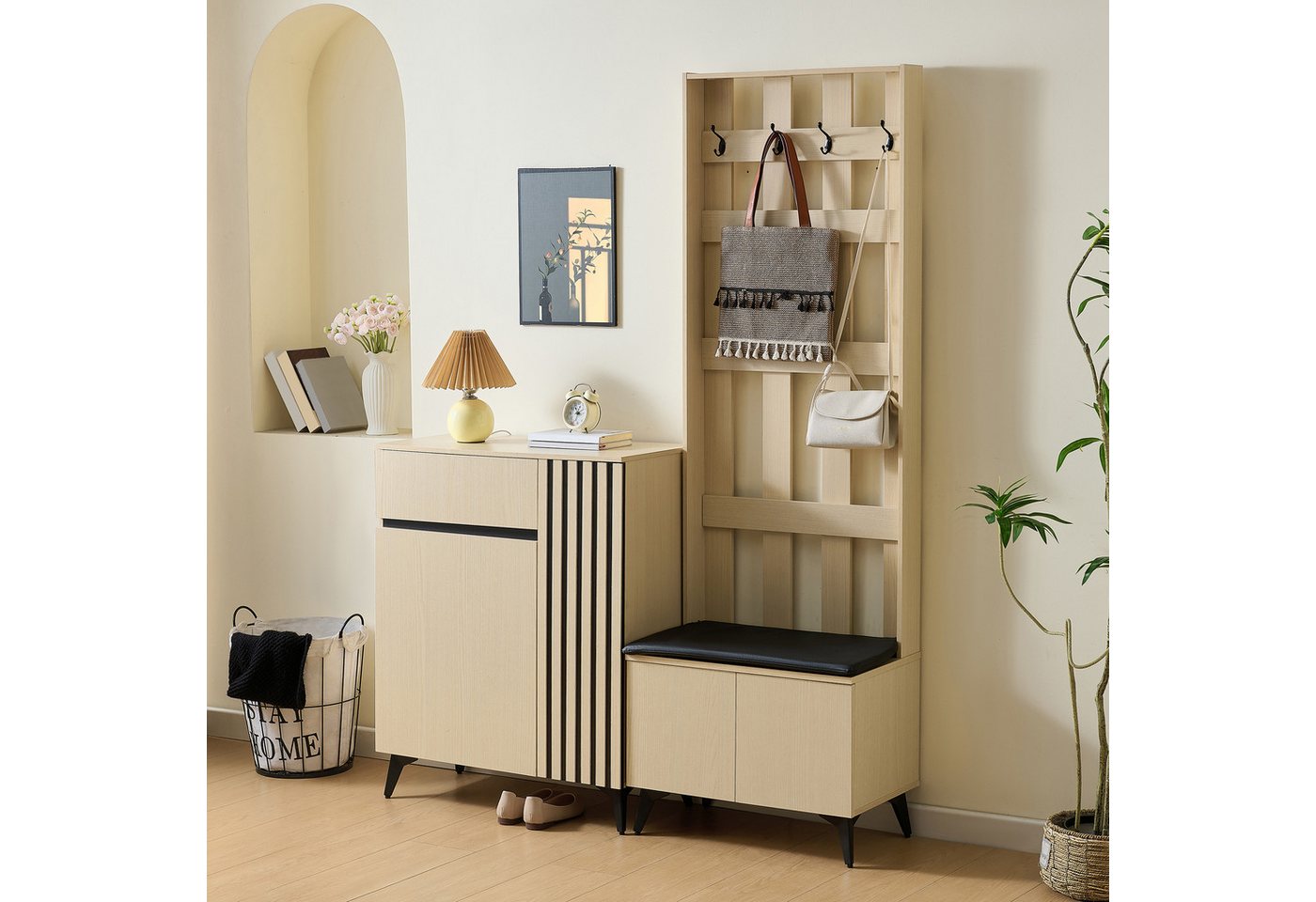 OKWISH Garderoben-Set mit Sitzbank, (Set, 2-St., Flurschrank, heller Holzmaserung), Kombinationsset mit Kleiderhaken, geräumigem Sideboard von OKWISH