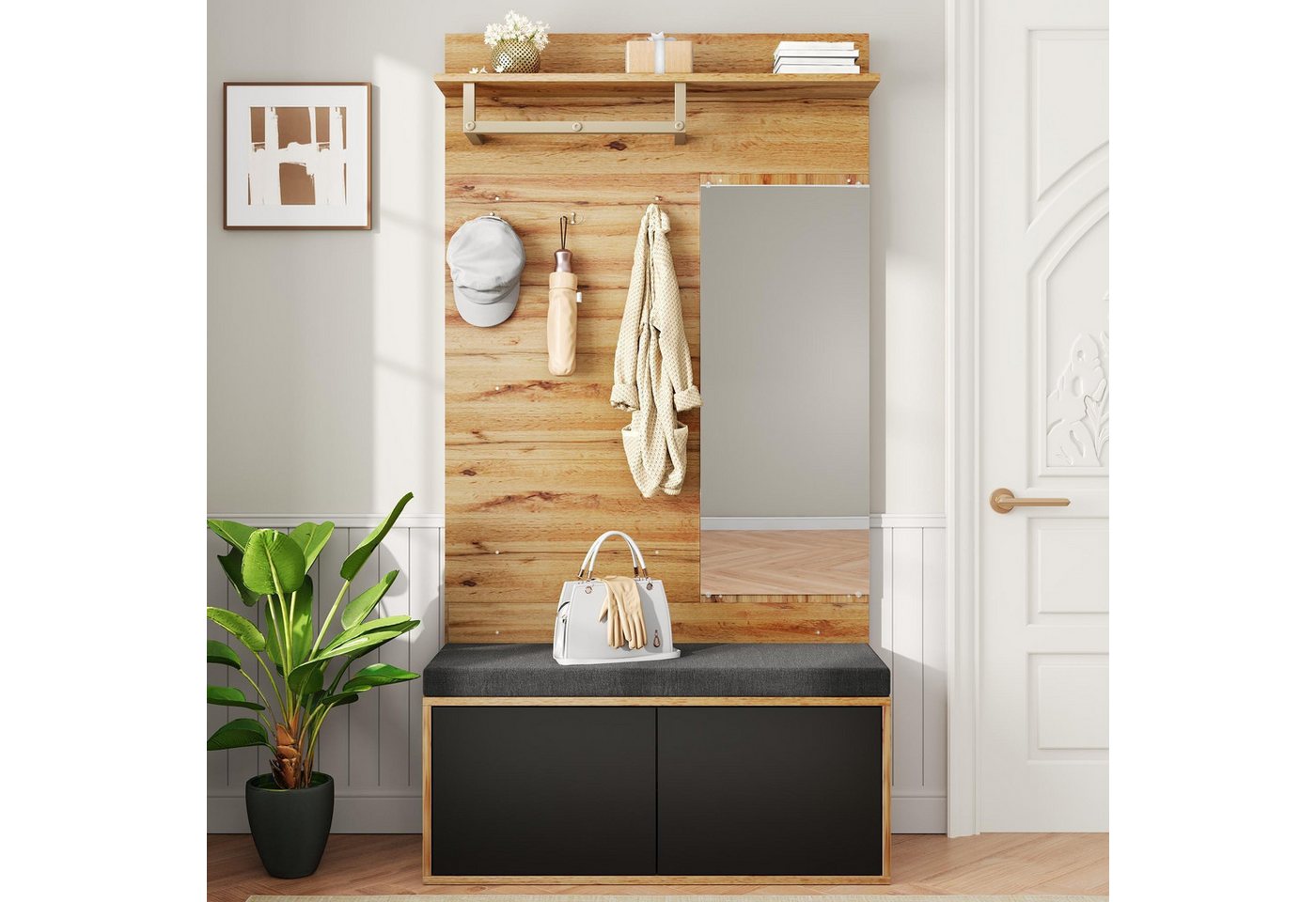 OKWISH Garderoben-Set mit Spiegel und Polsterkissen, (Flurschrank, Wohnwand, Dielengarderobenpaneele, 1-St., Haken, offene Ablagefäche), mit Soft-Close-Funktion von OKWISH