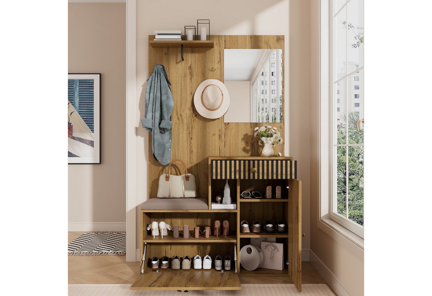 OKWISH Garderoben-Set mit Spiegel und Polsterkissen, (Kinderkleiderschrank, Garderobenständer mit Schuhwechselsitz, 1-St., 110 x 185,5 x 37 cm), aus MDF von OKWISH