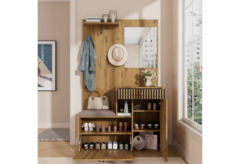 OKWISH Garderoben-Set mit Spiegel und Polsterkissen, (Kinderkleiderschrank, Garderobenständer mit Schuhwechselsitz, 1-St., 110 x 185,5 x 37 cm), aus MDF von OKWISH