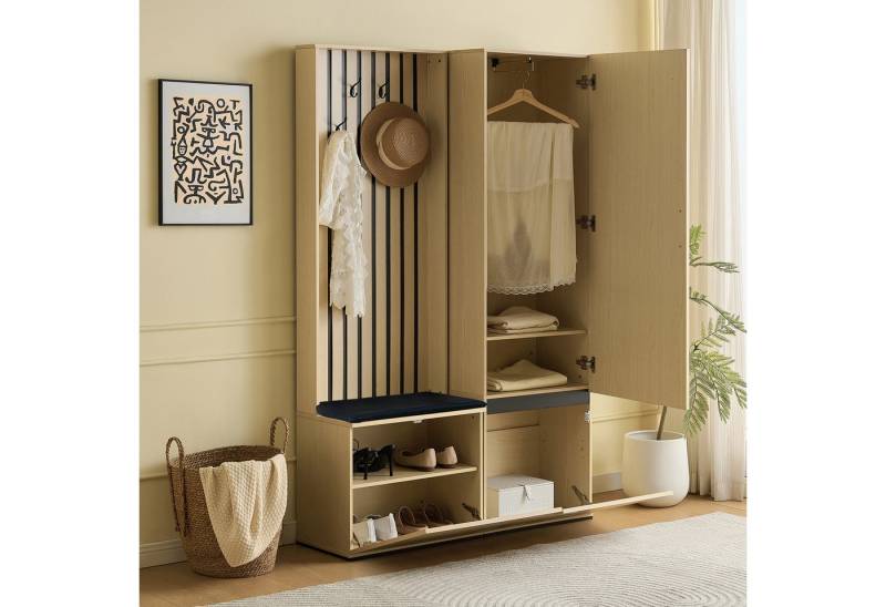 OKWISH Garderoben-Set mit Spiegel und Sitzbank, (Set, 2-St., Schuhablage, 4 Haken und Polsterbank), Flurmöbel-Set mit ausziehbarer Kleiderstange von OKWISH