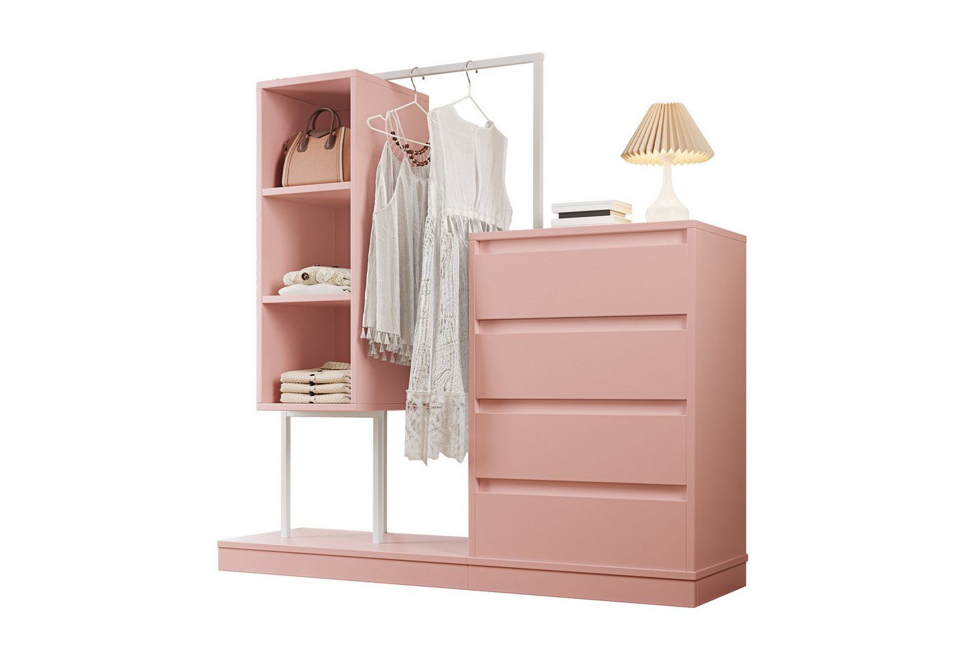 OKWISH Garderoben-Set mit mehrere Stauraumzonen, (Schubladenschrank, Kleiderschrank-Set, 1-St., mit 4 Schublade, Kleiderbereich und 3 offener Fächer), weißer Kleiderschrank, Kleiderstange von OKWISH