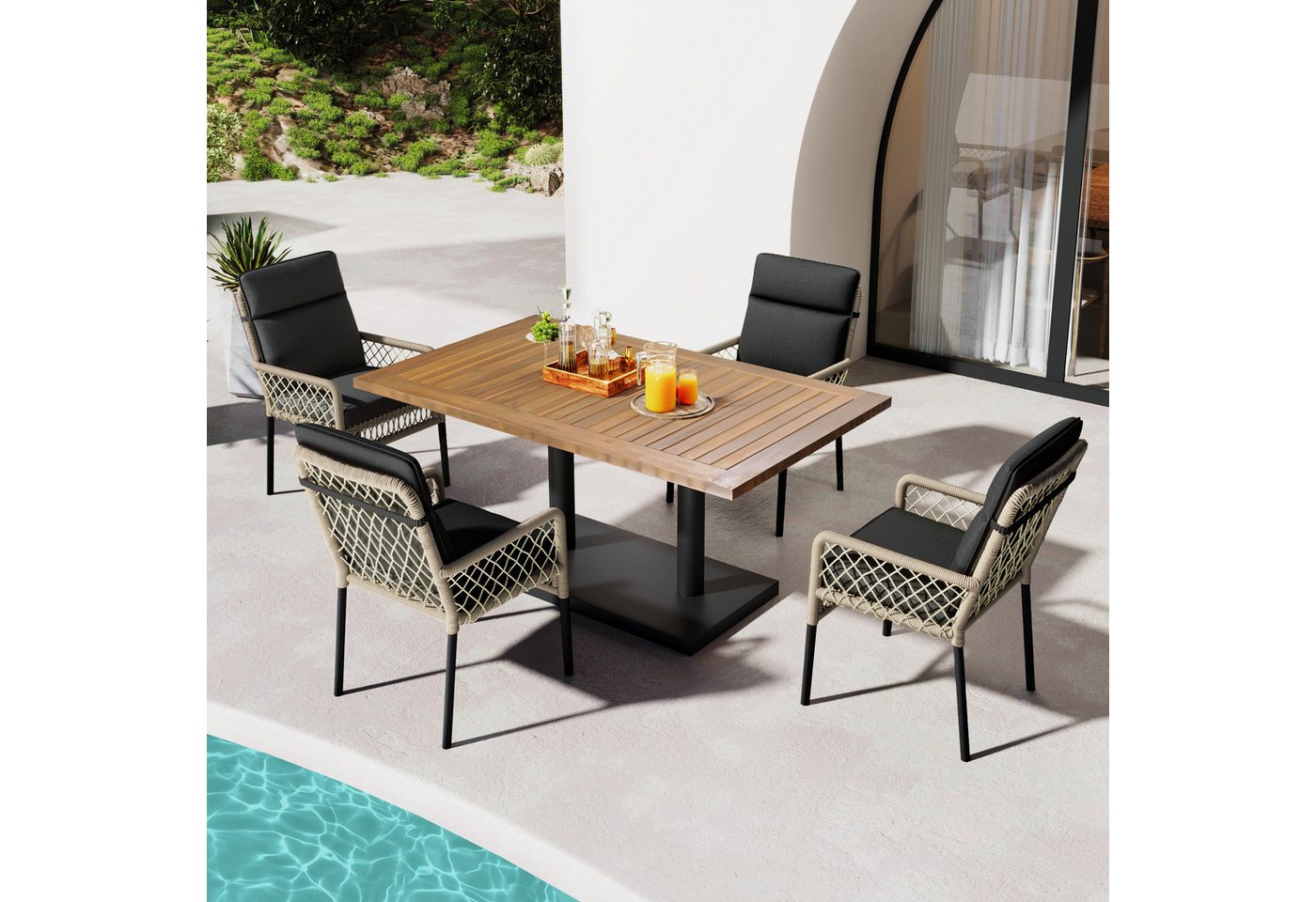 OKWISH Gartenlounge-Set Esstisch- und Stuhlset für 4 Personen, (Balkonset Garten-Essgruppe, Gartenmöbel-Set, 5-tlg., 1 Tisch, 4 Stühle), Tischplatte aus massivem Akazienholz, Stühle mit PE-Rattanumwicklung von OKWISH