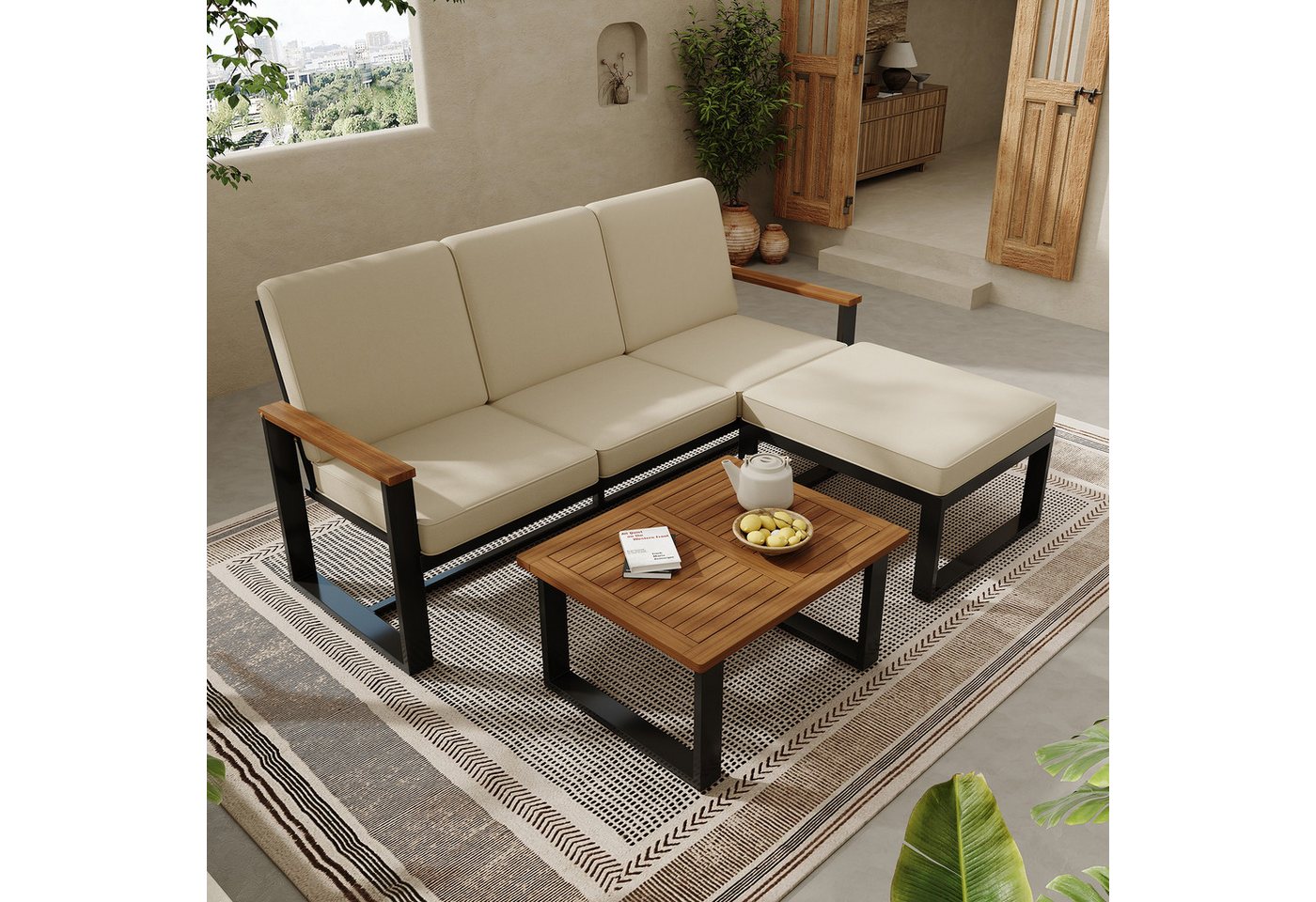 OKWISH Gartenlounge-Set Freizeitsofa, (Gartenmöbel-Set, Outdoor-Sofa-Set, Balkonset, 3-tlg., Sofa, Couchtisch, Fußhocker), Akazienholzplatte, schlichtes Design, verzinkter Stahl von OKWISH