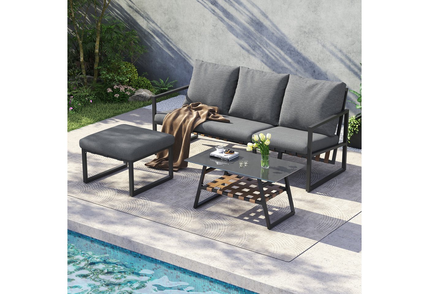 OKWISH Gartenlounge-Set Gartenmöbel-Set, Eckgarnitur, (Outdoor-Sofa-Set, Balkonset, Gartensofa, 3-tlg), verzinktes Stahlrohr, Glastischplatte, für Außenbereiche von OKWISH