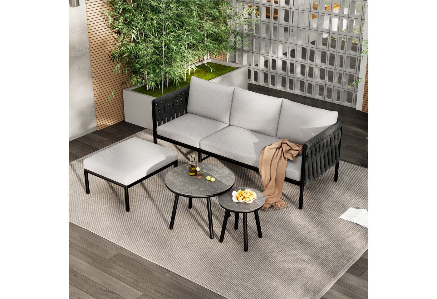 OKWISH Gartenlounge-Set Gartenmöbel-Set, Eckgarnitur mit bequemen Kissen, (Garten-Lounge-Set, Gartenmöbel-Set, Outdoor-Sofa-Set, Balkonset, 4-tlg., 3-Sitzer-Sofa + 2 Couchtische + Fußhocker), Dickes Seilgeflecht, marmorierte Glasplatte, verzinkter Stahl von OKWISH