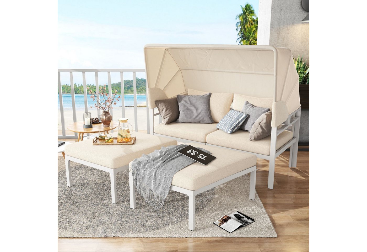 OKWISH Gartenlounge-Set Gartenmöbel-Set, Gartenmöbel Balkonmöbel Gartensofa mit Sonnendach und 2 Hocker von OKWISH