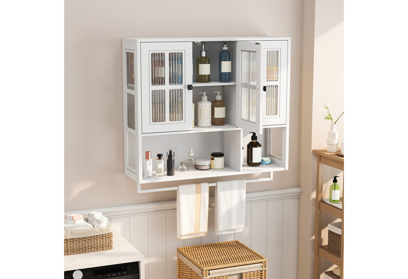 OKWISH Hängeschrank Wandhängeschrank, Glas-Wandregal (3-türiger Wandschrank mit Glastüren & Handtuchhalter, modernes Hängevitrine-Design aus MDF) von OKWISH