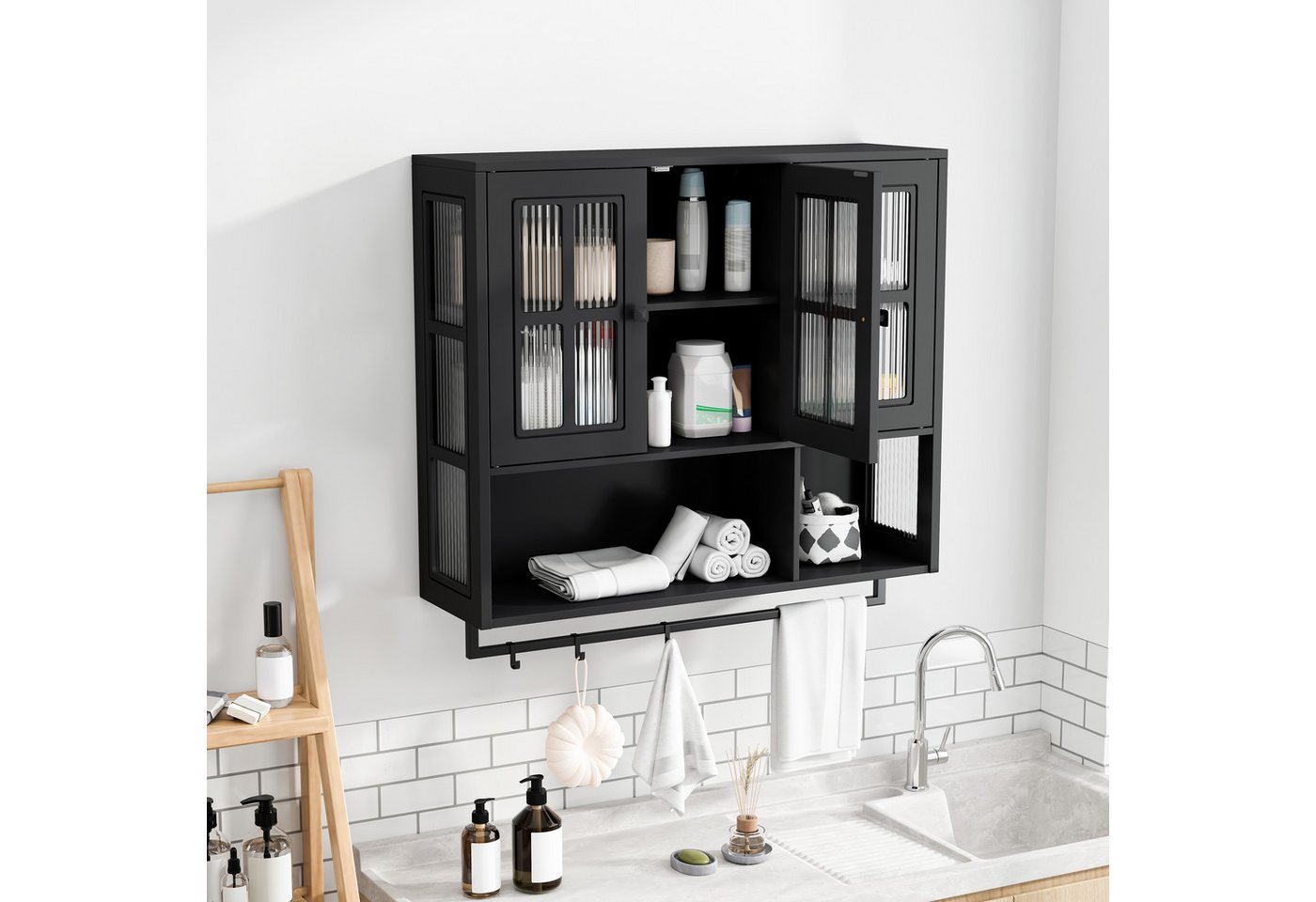 OKWISH Hängeschrank Wandhängeschrank, Glas-Wandregal (3-türiger Wandschrank mit Glastüren & Handtuchhalter, modernes Hängevitrine-Design aus MDF) von OKWISH