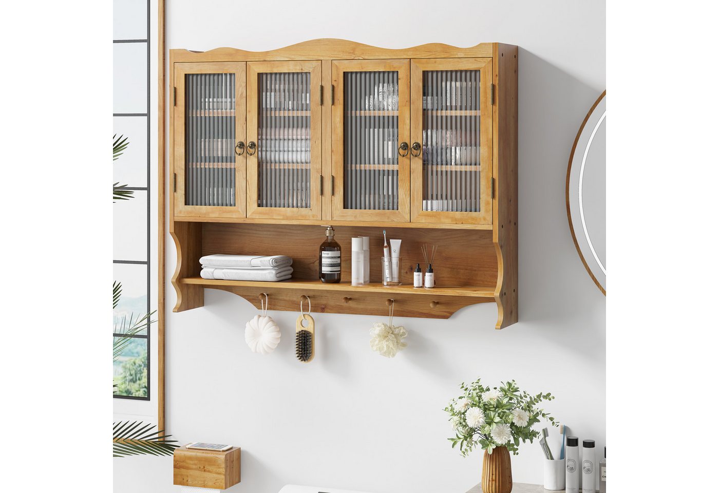 OKWISH Hängeschrank Wandhängeschrank,Glas-Wandregal (100 cm Retro 4-Türiger Wandregal mit Offenem Hakenrack, Robustes Design aus Holz und Glas, 35 kg Tragkraft) von OKWISH