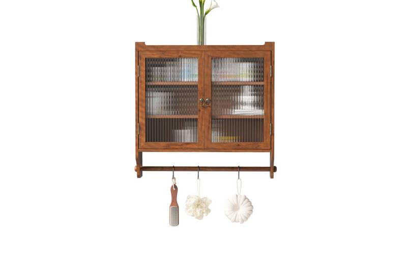OKWISH Hängeschrank Wandhängeschrank,Glas-Wandregal (Vintage 63 cm Wandregal mit Doppelglastüren – 3 Stufiger Stauraum mit Handtuchhalter, Naturholz – Wandmontage für Badezimmer, Küche, Esszimmer – Stabil & Platzsparend) Gewichtskapazität: 5 kg pro Regal von OKWISH