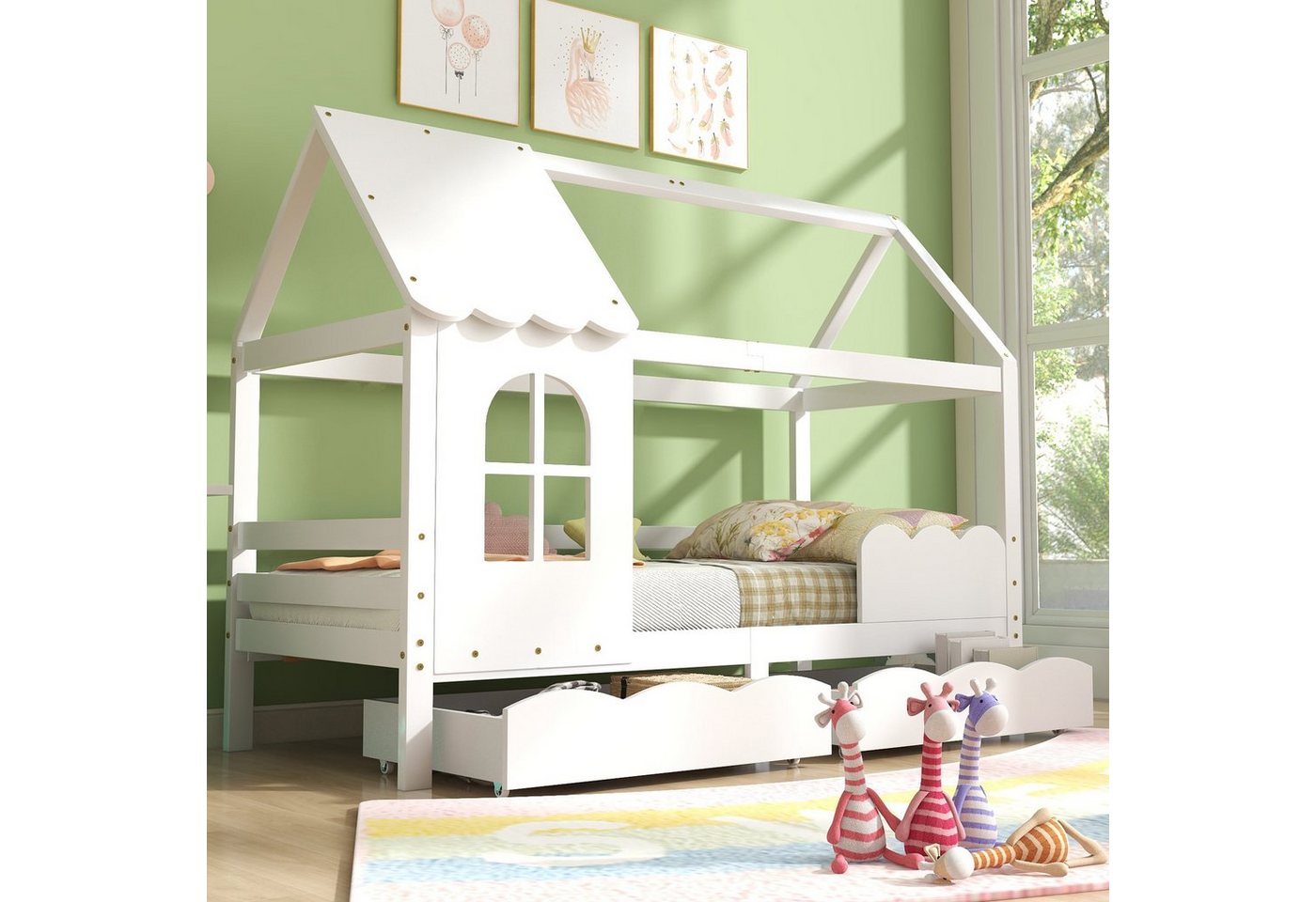 OKWISH Hausbett Kinderbett, Hausbett mit 2 Schubladen Kiefernholz Jugendbett 90x200cm von OKWISH