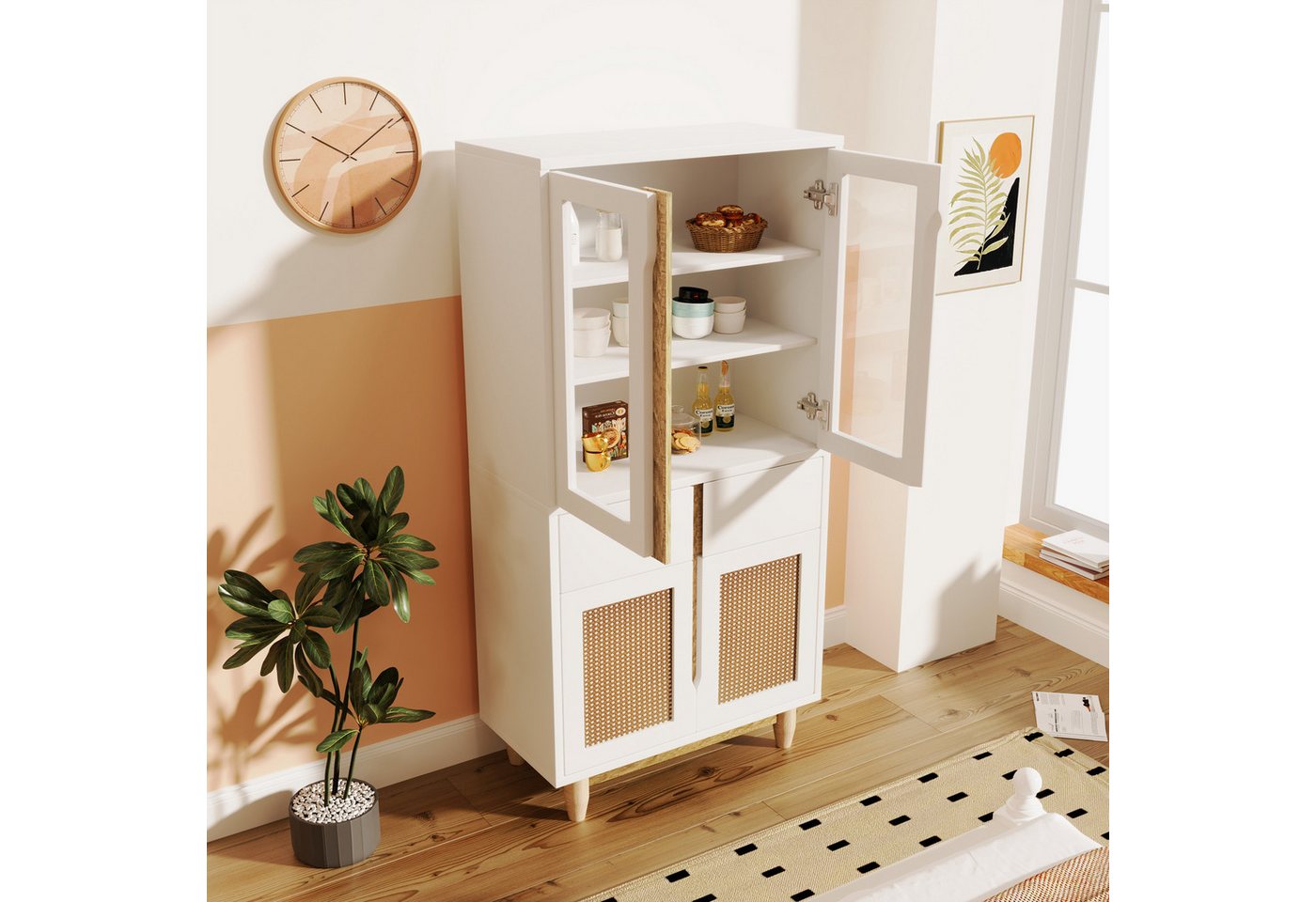 OKWISH Highboard Schrank Vitrine (2 Türen aus Rattanimitat, 2 eingesetzten Türen aus Acryl), Aufbewahrungsmöbel für das Wohnzimmer, 128*35*70cm von OKWISH