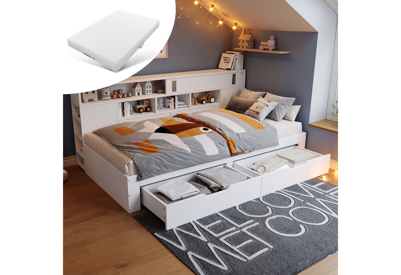OKWISH Hochbett Bettkasten mit Stauraum (Daybett, Multifunktionales Kinderbett, mit Schubladen,Bücherregal und Stauschrank) 90*200cm, mit Matratze (H20cm) von OKWISH