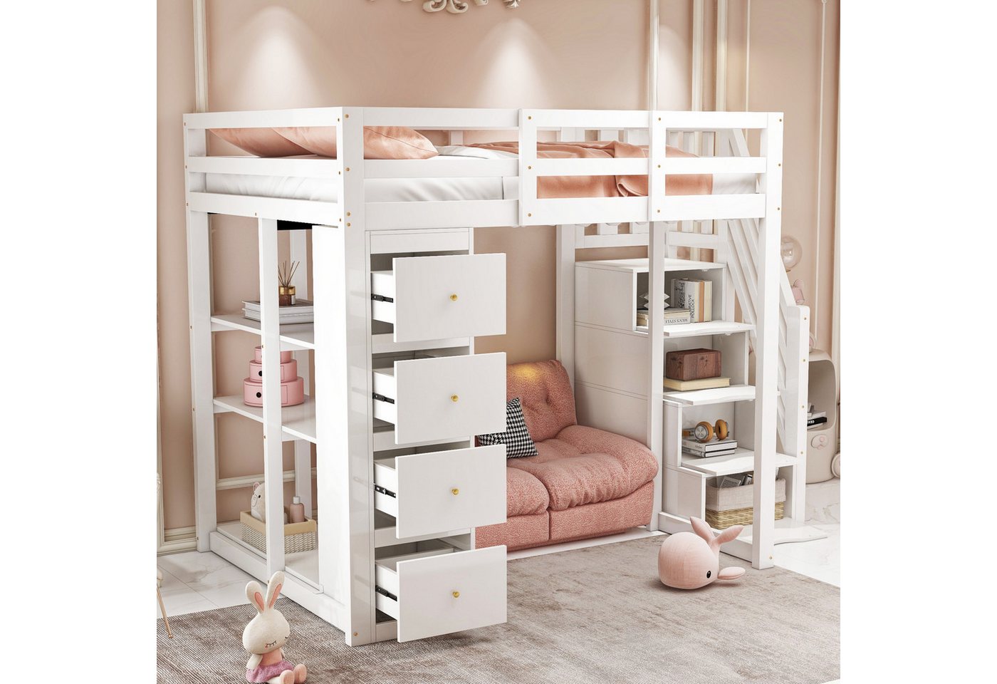 OKWISH Hochbett Funktionsbett, Stauraumbett, Massivholzbett (Multifunktionales Hochbett aus Massivholz, mit 4 Schubladen & 3 Regalen, Jugendbett mit sicherer Kletterleiter & Stauraum, 140x200cm) ohne Matratze von OKWISH