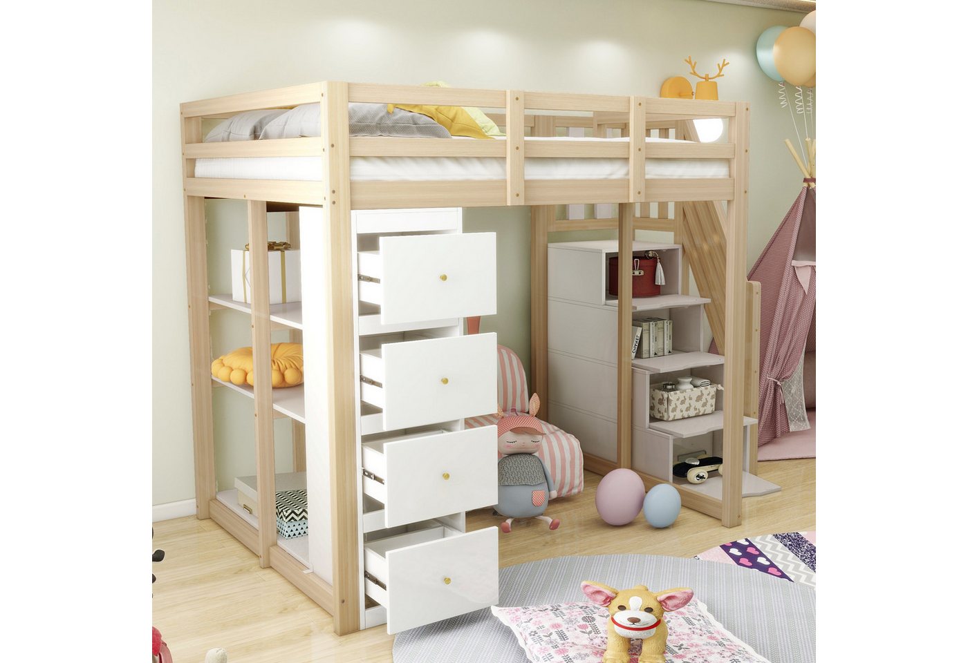 OKWISH Hochbett Funktionsbett, Stauraumbett, Massivholzbett (Multifunktionales Hochbett aus Massivholz, mit 4 Schubladen & 3 Regalen, Jugendbett mit sicherer Kletterleiter & Stauraum, 140x200cm) ohne Matratze von OKWISH