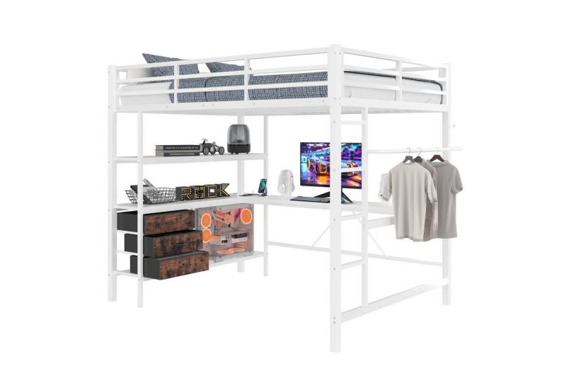 OKWISH Hochbett Funktionsbett,Einzelbett,Jugendbett,Kinderbett,Stauraumbett (Hochbett 90x200 cm mit Ambientelicht, Schreibtisch, USB-Steckdose, 3 Schubladen & Regalen, Sicherheitsgeländer, Treppe) ohne Matratze von OKWISH
