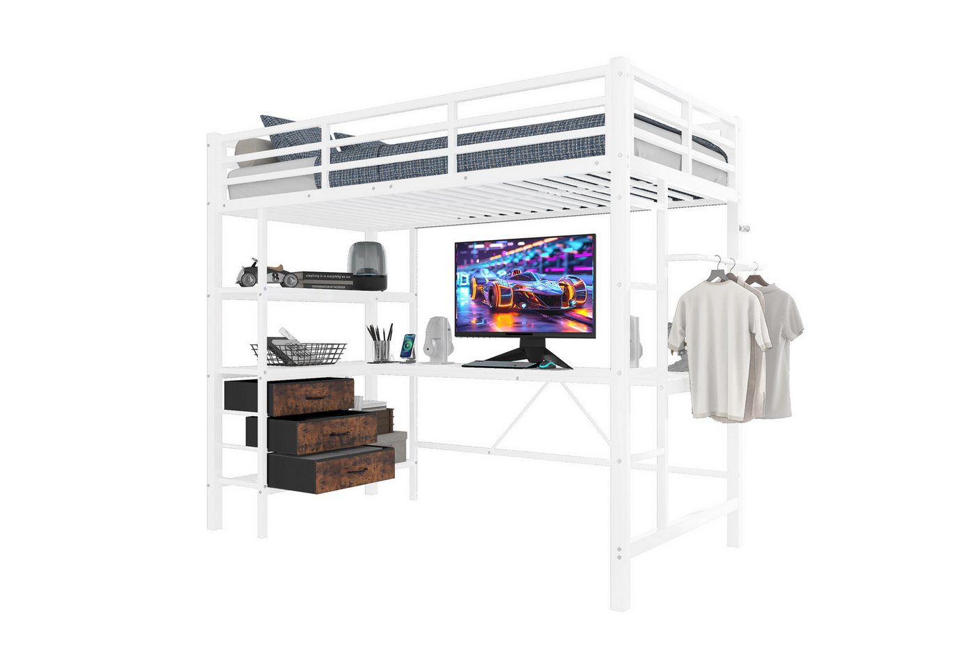 OKWISH Hochbett Funktionsbett,Einzelbett,Jugendbett,Kinderbett,Stauraumbett (Hochbett 90x200 cm mit Ambientelicht, Schreibtisch, USB-Steckdose, 3 Schubladen & Regalen, Sicherheitsgeländer, Treppe) ohne Matratze von OKWISH