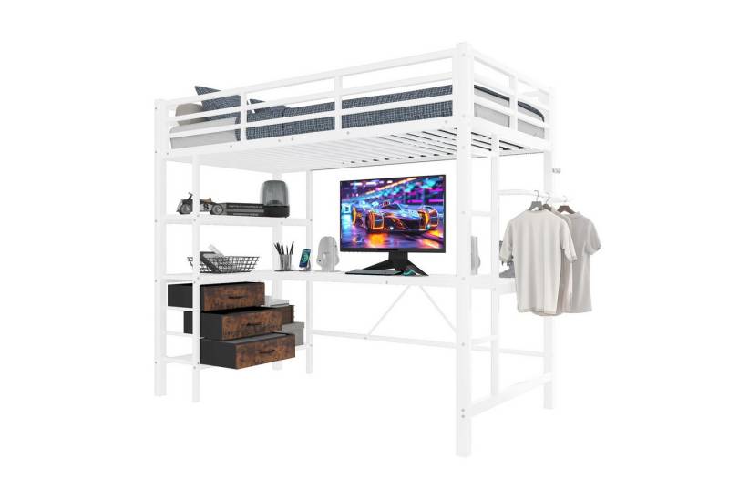 OKWISH Hochbett Funktionsbett,Einzelbett,Jugendbett,Kinderbett,Stauraumbett (Hochbett 90x200 cm mit Ambientelicht, Schreibtisch, USB-Steckdose, 3 Schubladen & Regalen, Sicherheitsgeländer, Treppe) ohne Matratze von OKWISH