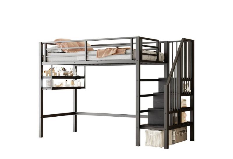 OKWISH Hochbett Funktionsbett,Einzelbett,Jugendbett,Kinderbett,Stauraumbett (Hochbett 90x200cm mit Stauraumleiter & Einlegeböden – Robuster Eisenrahmen, Kinderfreundliches Geländer, Freiraum zum Verkleiden) ohne Matratze von OKWISH