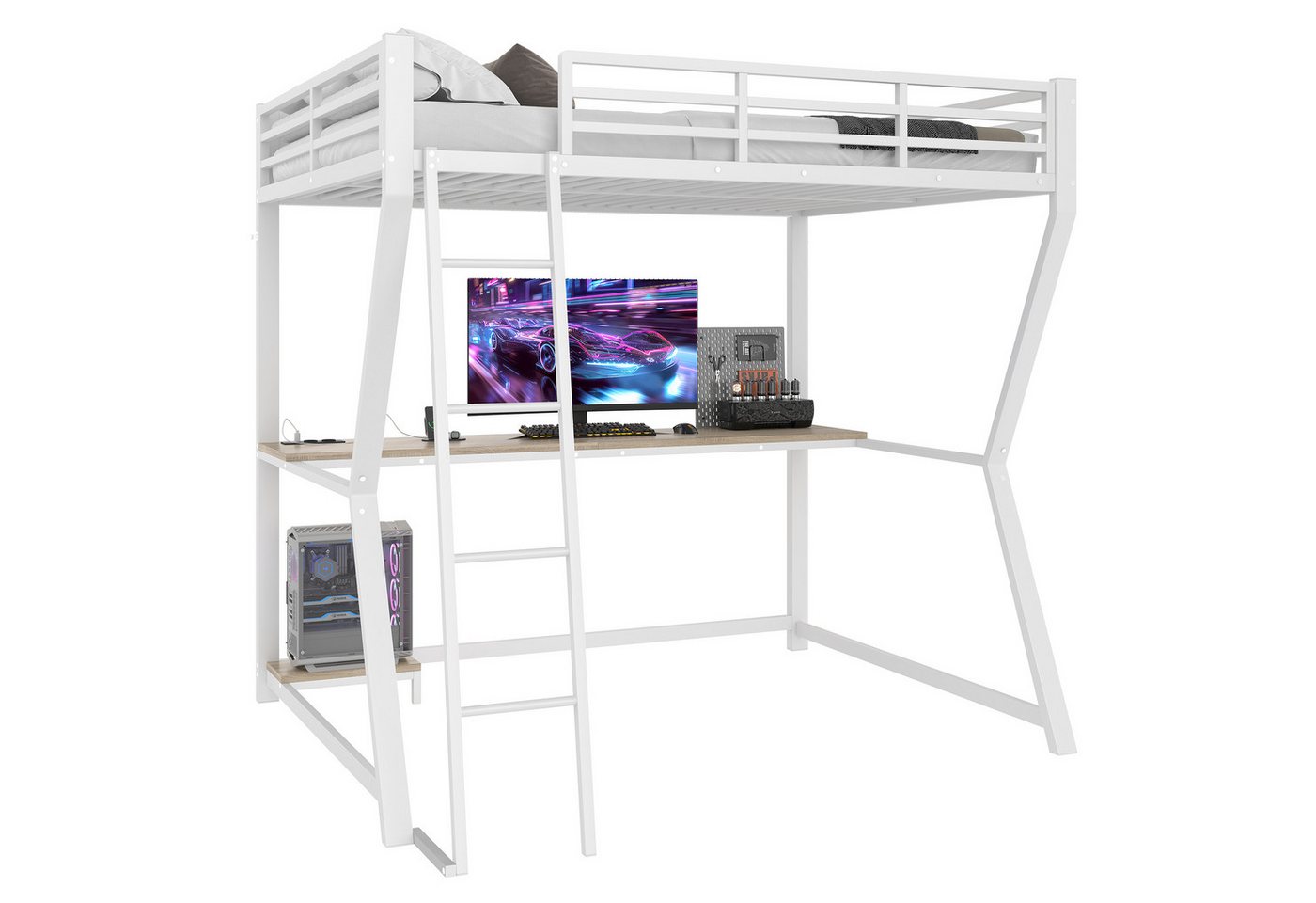 OKWISH Hochbett Funktionsbett,Kinderbett (mit USB-Steckdose, Treppe & Computerkonsolenablage, 140x200 cm) ohne Matratze von OKWISH