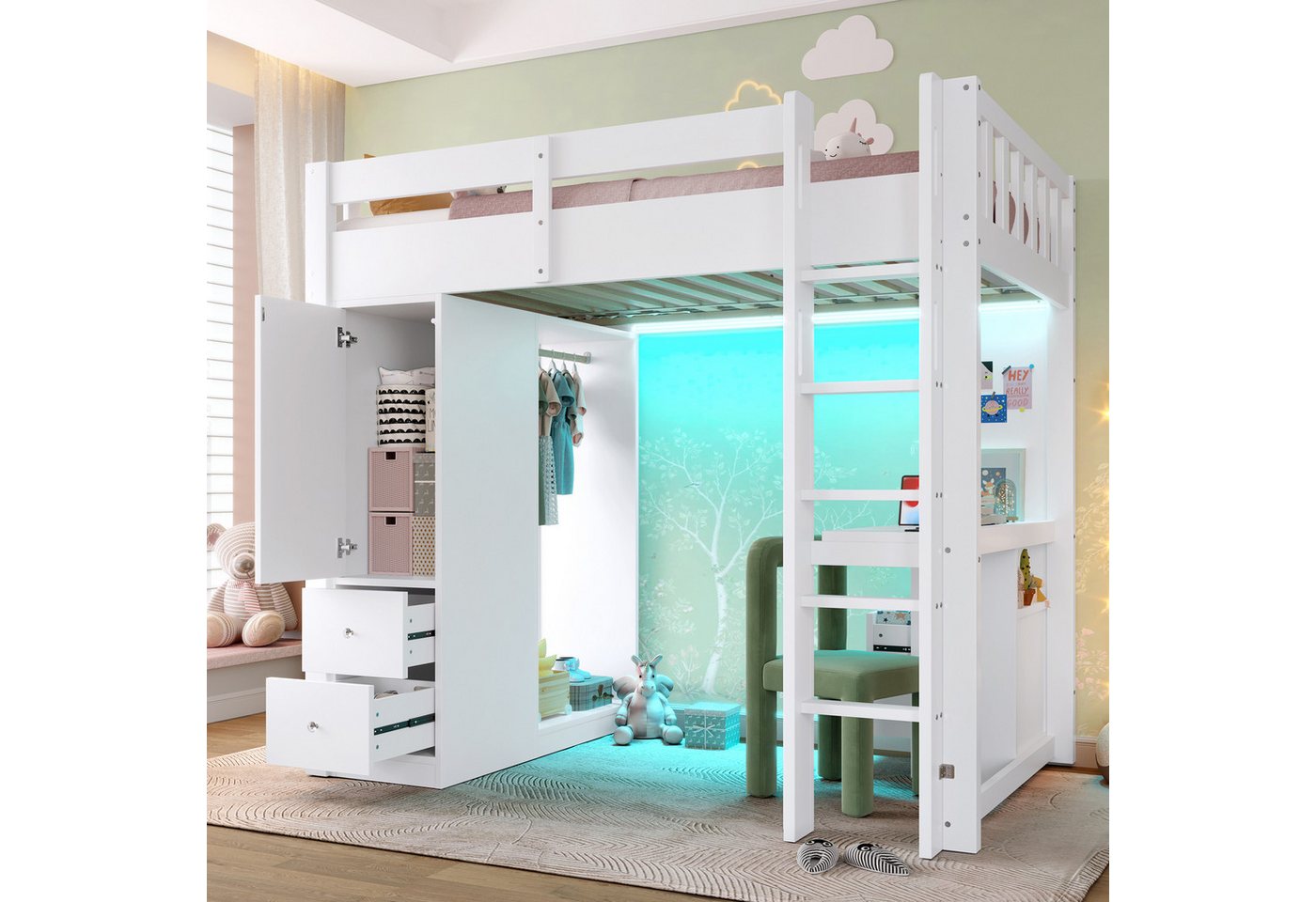 OKWISH Hochbett Funktionsbett mit LED & USB (mit Unterbettschreibtisch, 4 Schubladen & offener Kleiderschrank – platzsparend für Kinderzimmer, Jugendzimmer & Home Office, 1-St., 90x200) LED-Licht und USB von OKWISH
