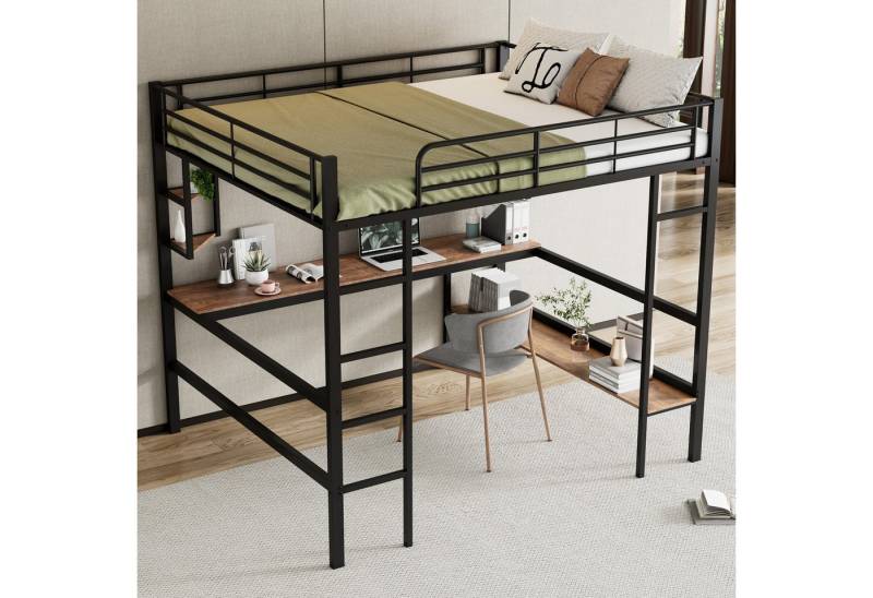 OKWISH Hochbett Hochbett aus Metall mit integriertem Schreibtisch (Regalen und Bücherregal für Kinder, Jugendliche und Erwachsene, 140x200cm) ohne Matratze von OKWISH