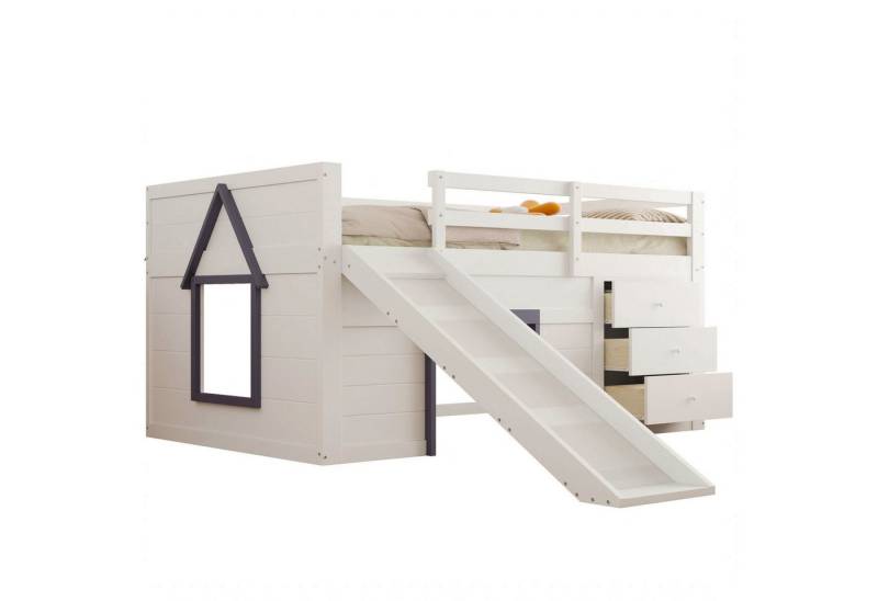 OKWISH Hochbett Kinderbett,Funktionsbett,Einzelbett,mit Schreibtisch (140 x 200 Niedriges Hochbett mit Rutsche, 3 Schubladen & 2 Türen in Creme – Robustes Massivholzdesign mit praktischen Stauraummöglichkeiten für Kinderzimmer und Jugendräume) von OKWISH