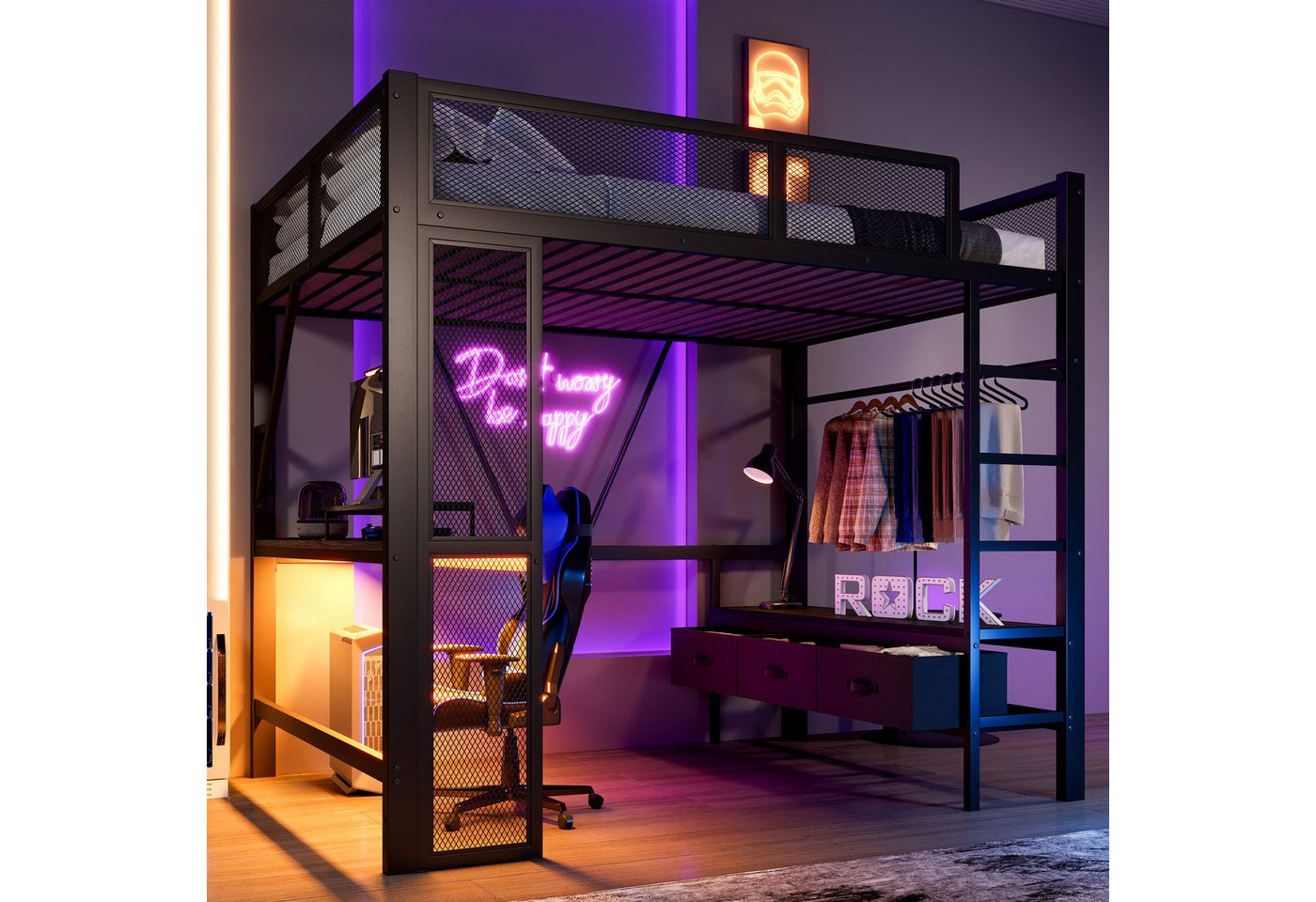 OKWISH Hochbett Metall-Spielhochbett (für Kinder & Jugendliche mit LED, USB & integriertem Schreibtisch + Schubladen, 1-St., 140x200cm) von OKWISH