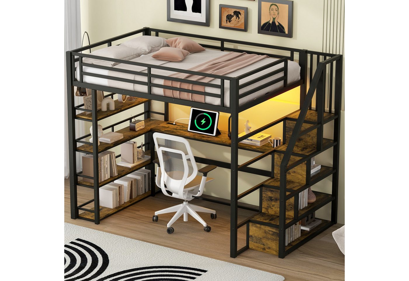 OKWISH Hochbett Stauraumbett Kinderbett Einzelbett (Metall-Hochbett mit Treppe, Schreibtisch, Stauraum & LED-Beleuchtung, Schwarz, Stabile Konstruktion, 1-St., 140x200) von OKWISH