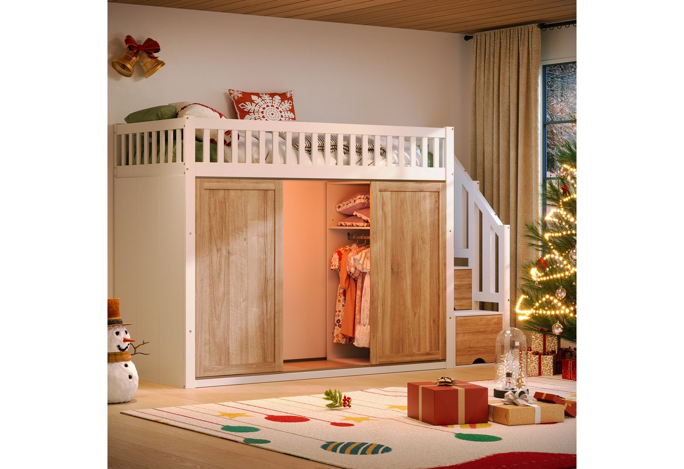 OKWISH Hochbett bunte Lichtleiste (Hochbett, Kinderbett , 1-St., 90 x 200 cm, ohne Matratze) mit Kleiderschrank und Treppenschrank von OKWISH