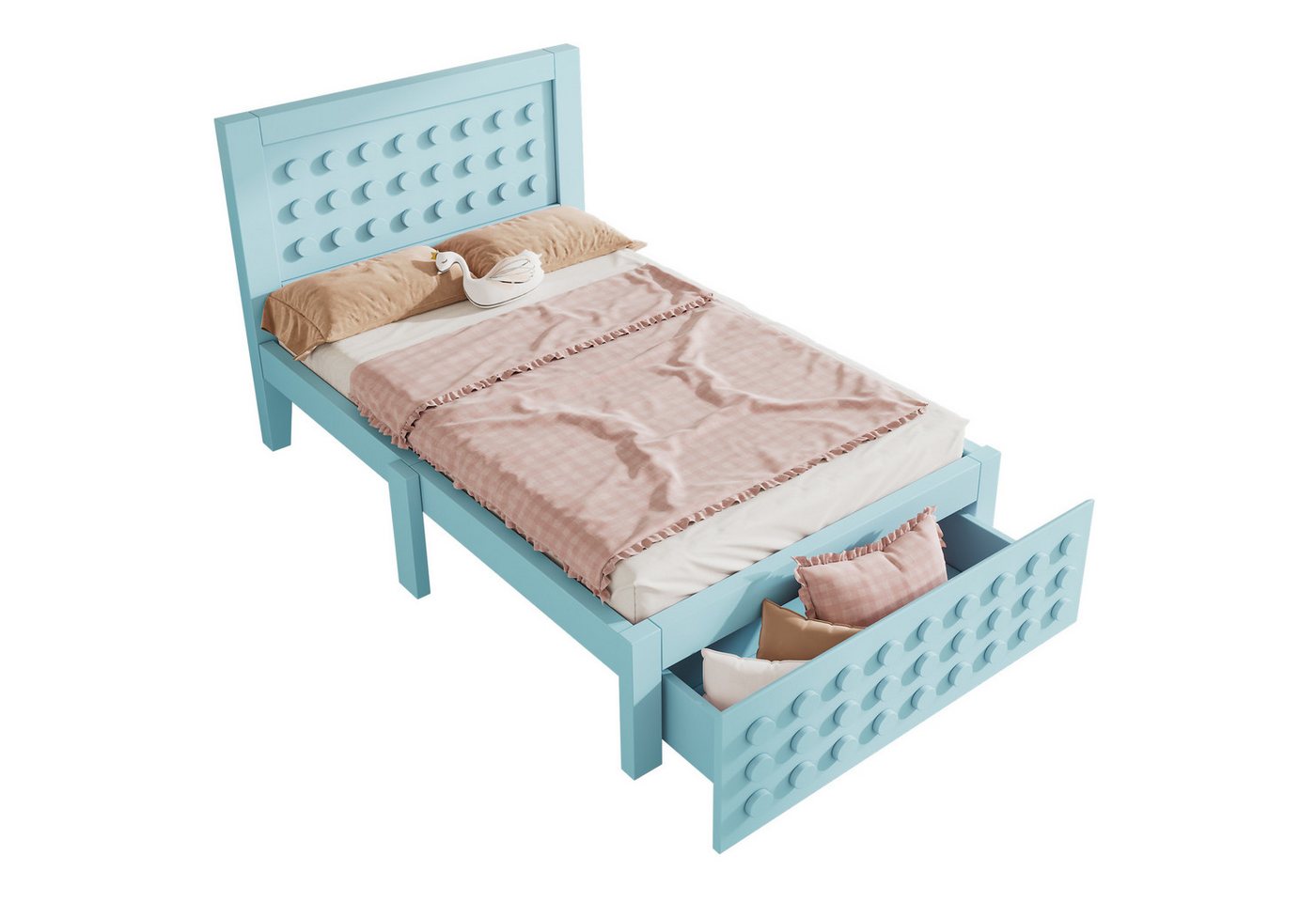 OKWISH Hochbett mit Kreativem Block Design (Kinderbett, Jugendbett, Einzelbett, Stauraumbett, 2-St., 90x200 cm, mit Matratze) mit Lattenrost, mit Schubladen + Unterm Bett Stauraum von OKWISH