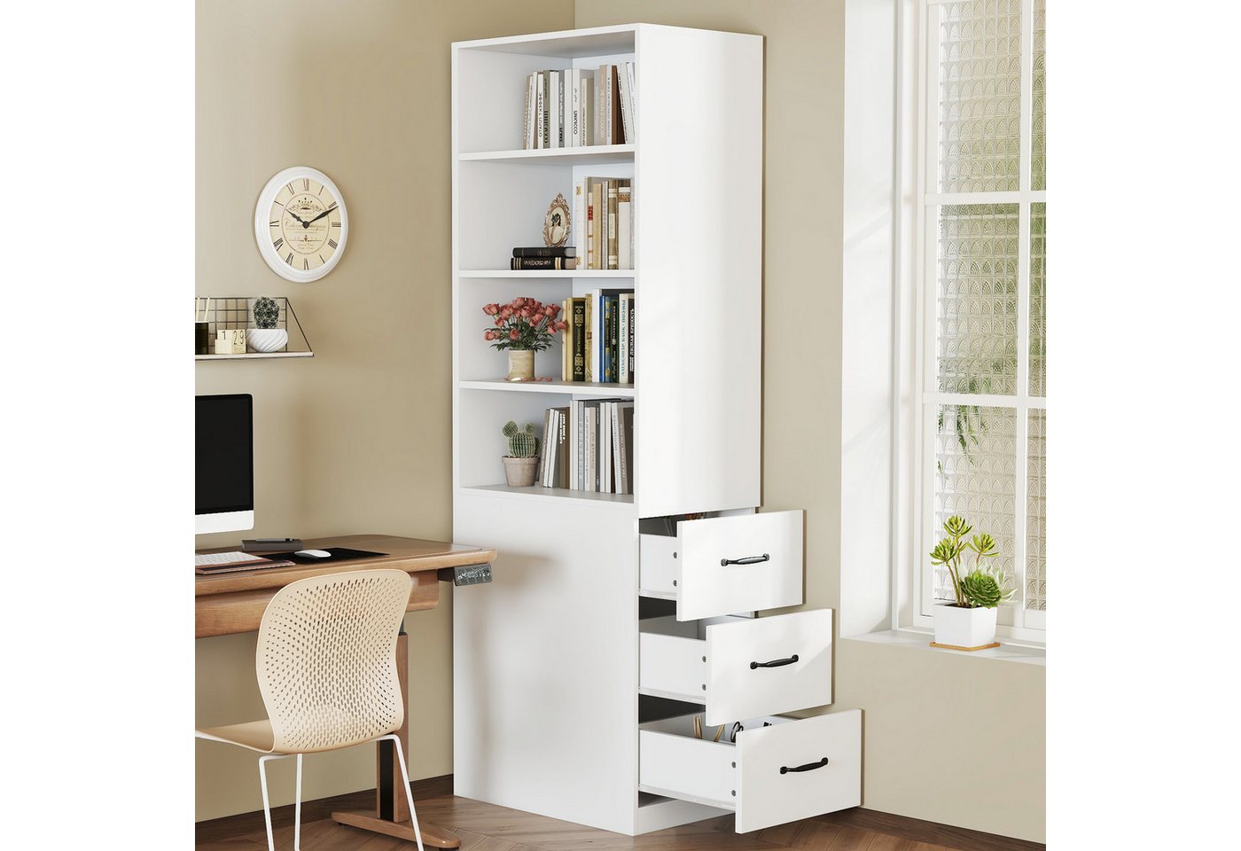 OKWISH Hochschrank 180 cm hohes (schmales Bücherregal, 1-St., mit seitlichen Schubladen) Verstellbare Böden, links und rechts austauschbar von OKWISH