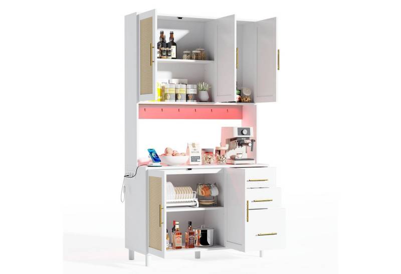 OKWISH Hochschrank Aufbewahrungsschrank,Sideboard (Moderne 183 cm Küchenanrichte mit LED-Deko-Lichtern, 2 USB-Ports, Steckdosen, 3 Schubladen, verstellbaren Einlegeböden, goldenen Metallgriffen, ideal für Küche & Esszimmer) Mit LED-Lichtern, 2 USB, 2 Steckdosen, 3 Schubladen. von OKWISH