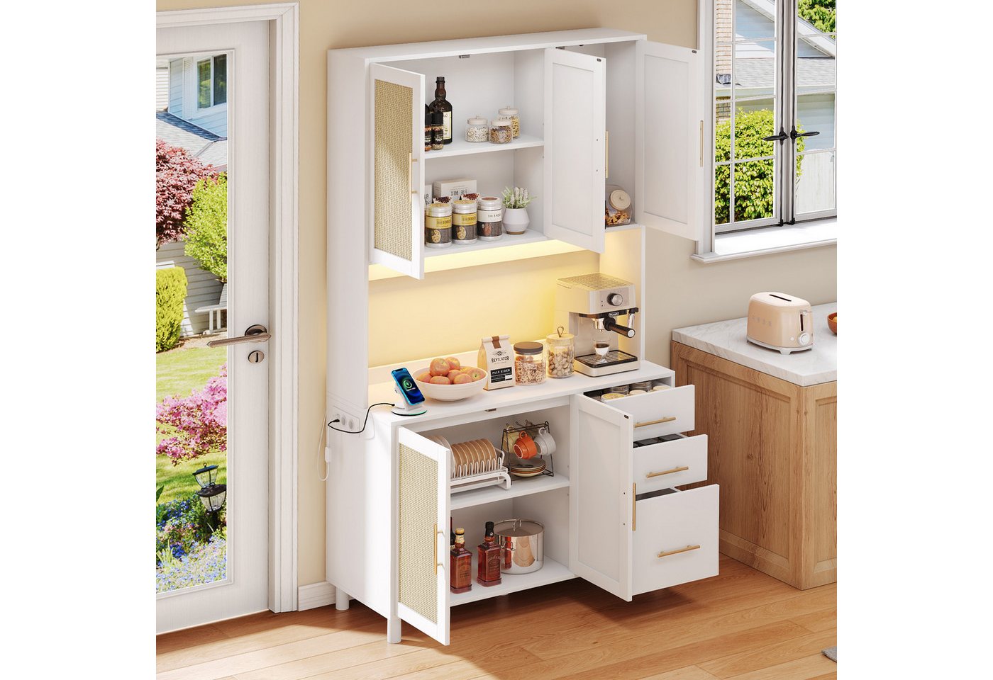 OKWISH Hochschrank Aufbewahrungsschrank,Sideboard (Moderne 183 cm Küchenanrichte mit LED-Deko-Lichtern, 2 USB-Ports, Steckdosen, 3 Schubladen, verstellbaren Einlegeböden, goldenen Metallgriffen, ideal für Küche & Esszimmer, 1-St) Mit LED-Lichtern, 2 USB, 2 Steckdosen, 3 Schubladen. OKWISH Hochschrank Aufbewahrungsschrank,Sideboard (Moderne 183 cm Küchenanrichte mit LED-Deko-Lichtern, 2 USB-Ports, Steckdosen, 3 Schubladen, verstellbaren Einlegeböden, goldenen Metallgriffen, ideal für Küche & Esszimmer, 1-St) Mit LED-Lichtern, 2 USB, 2 Steckdosen, 3 Schubladen. von OKWISH