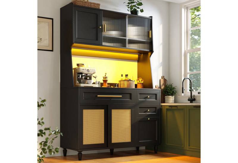 OKWISH Hochschrank Küchenschrank,Vitrinenschrank,Buffetschrank (Moderner Küchenschrank mit LED-Beleuchtung, PE-Rattan-Schiebetüren & verstellbaren Ablagen – Hochschrank, Vitrinenschrank mit 3 Schubladen und Kippschutz., 1-St) mit Verstellbaren Ablagen,mit LED-Beleuchtung von OKWISH