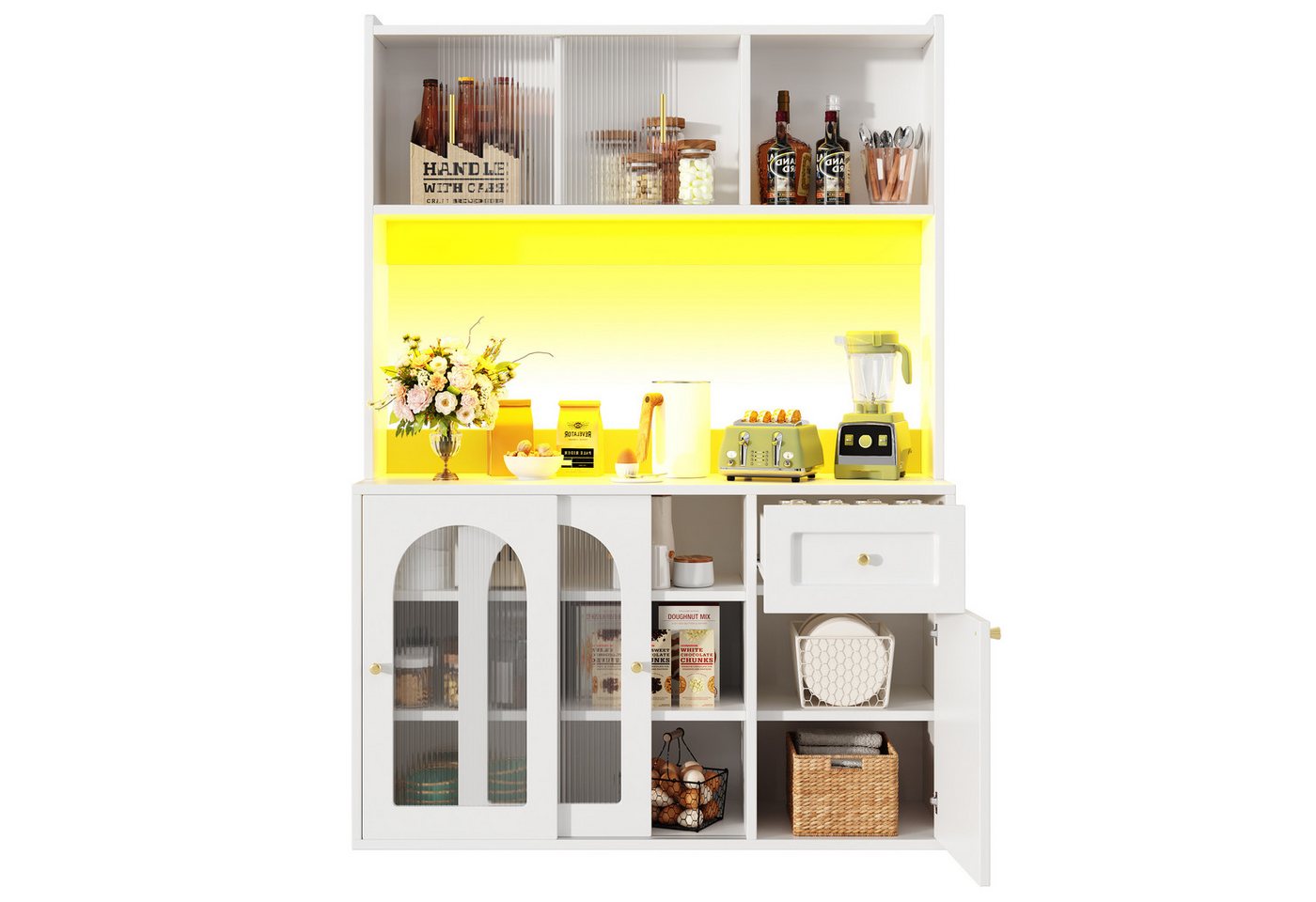 OKWISH Hochschrank Küchenschrank,Vitrinenschrank,Buffetschrank (Vielseitiger Küchenschrank mit LED-Beleuchtung, Verstellbaren Ablagen & Kippschutz – Modernes Sideboard) mit Verstellbaren Ablagen,mit LED-Beleuchtung von OKWISH