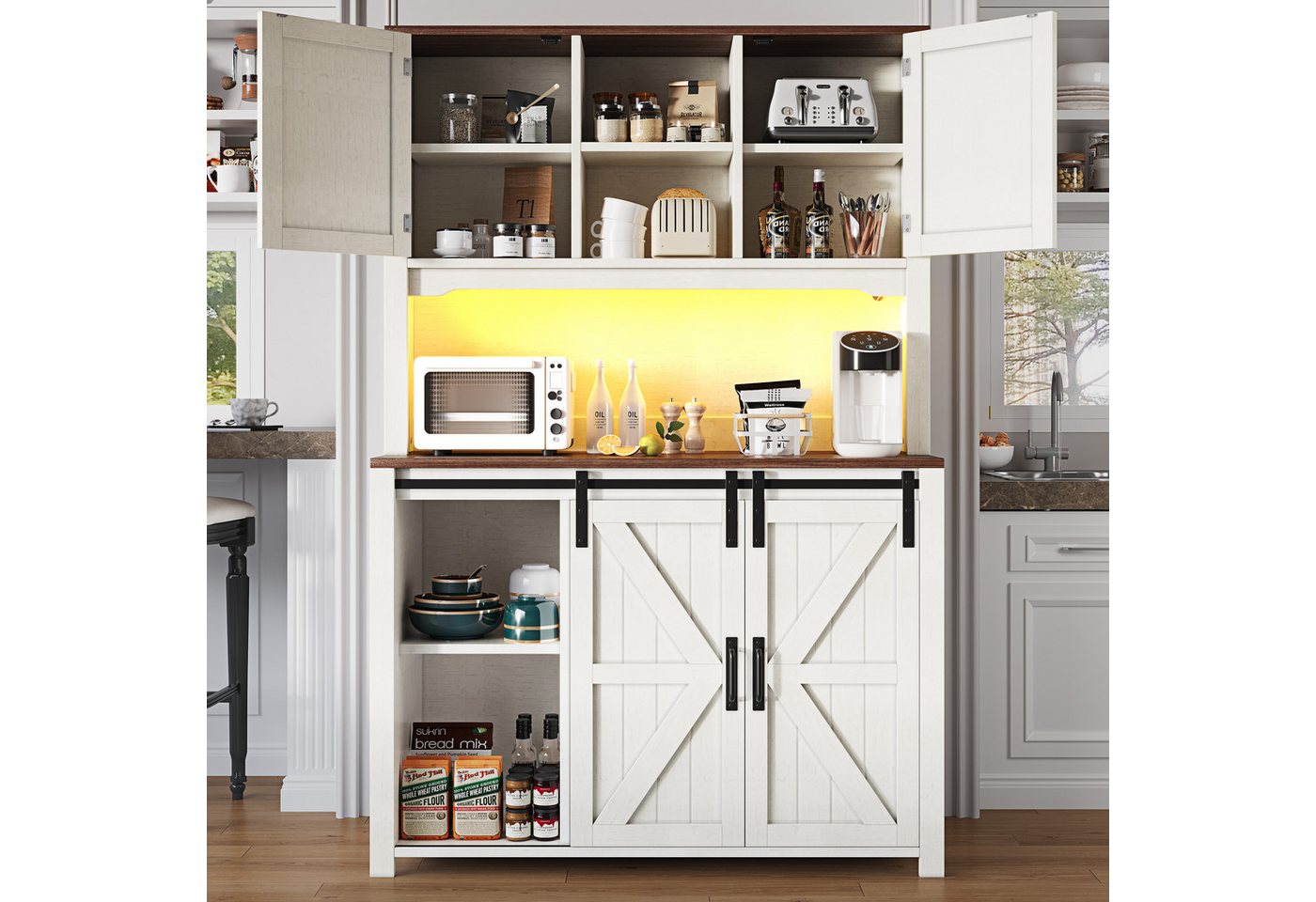 OKWISH Hochschrank Vintage Sideboard (mit LED-Beleuchtung und Schiebetüren, X-Türdesign, vielseitiger Stauraum, 1-St., 115 × 40 × 174,7 cm) mit Schiebetüren von OKWISH