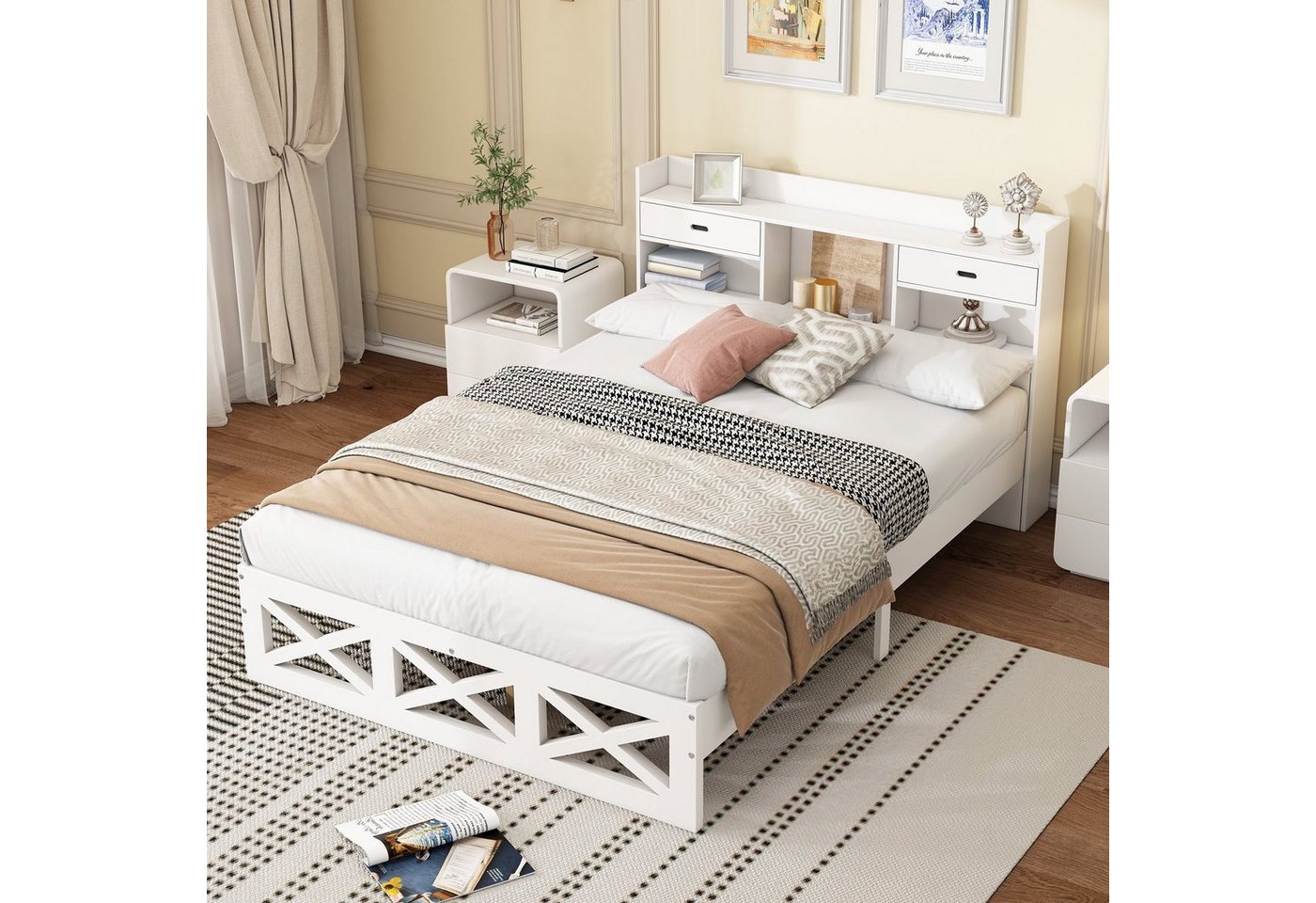 OKWISH Holzbett Doppelbett mit Holz Lattenroste, mit Aufbewahrungsfunktion (MDF + Mehrschichtplatte, 140x200cm), ohne Matratze von OKWISH