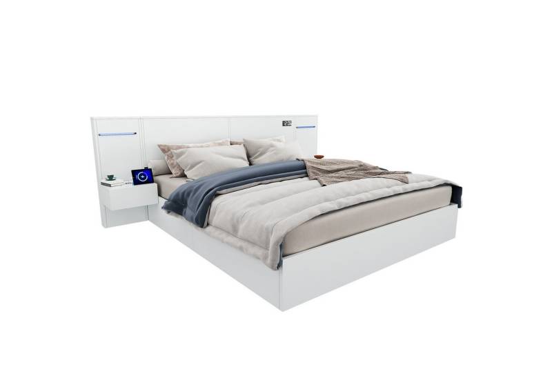 OKWISH Holzbett Holzbett mit 2 Nachttischen, Farblichtleiste (Doppelbett, Funktionsbett, 2-tlg., 160*200cm, mit Matratze), mit USB-Anschluss, elektronischer Uhr, Bluetooth-Lautsprecher von OKWISH