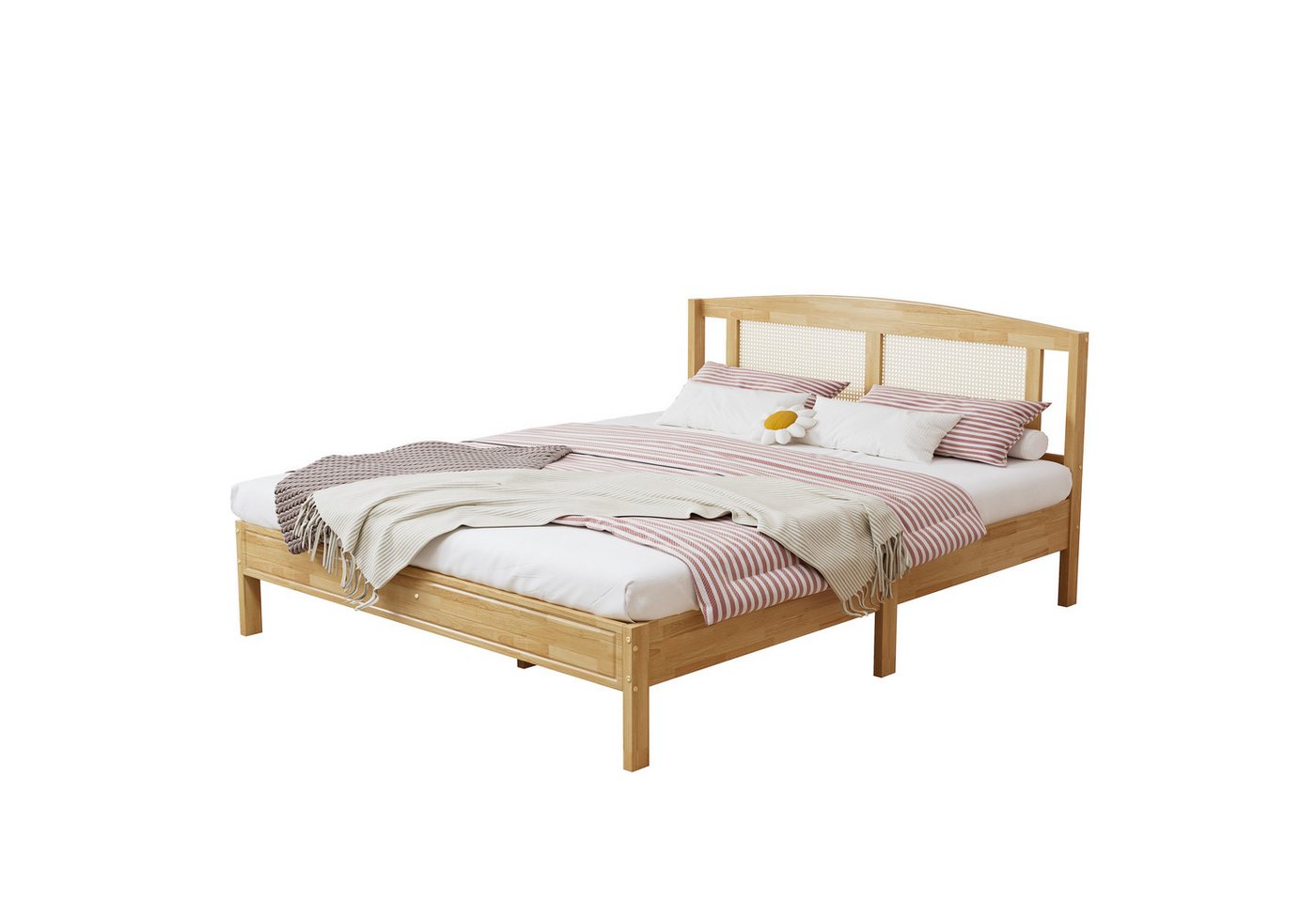 OKWISH Holzbett Rattanbett, Jugendbett Doppelbett (Rattannetzkissen, mit 15 Latten und Mittelfüße, Kiefer + PE-Rattan, 160X200cm), ohne Matratze von OKWISH