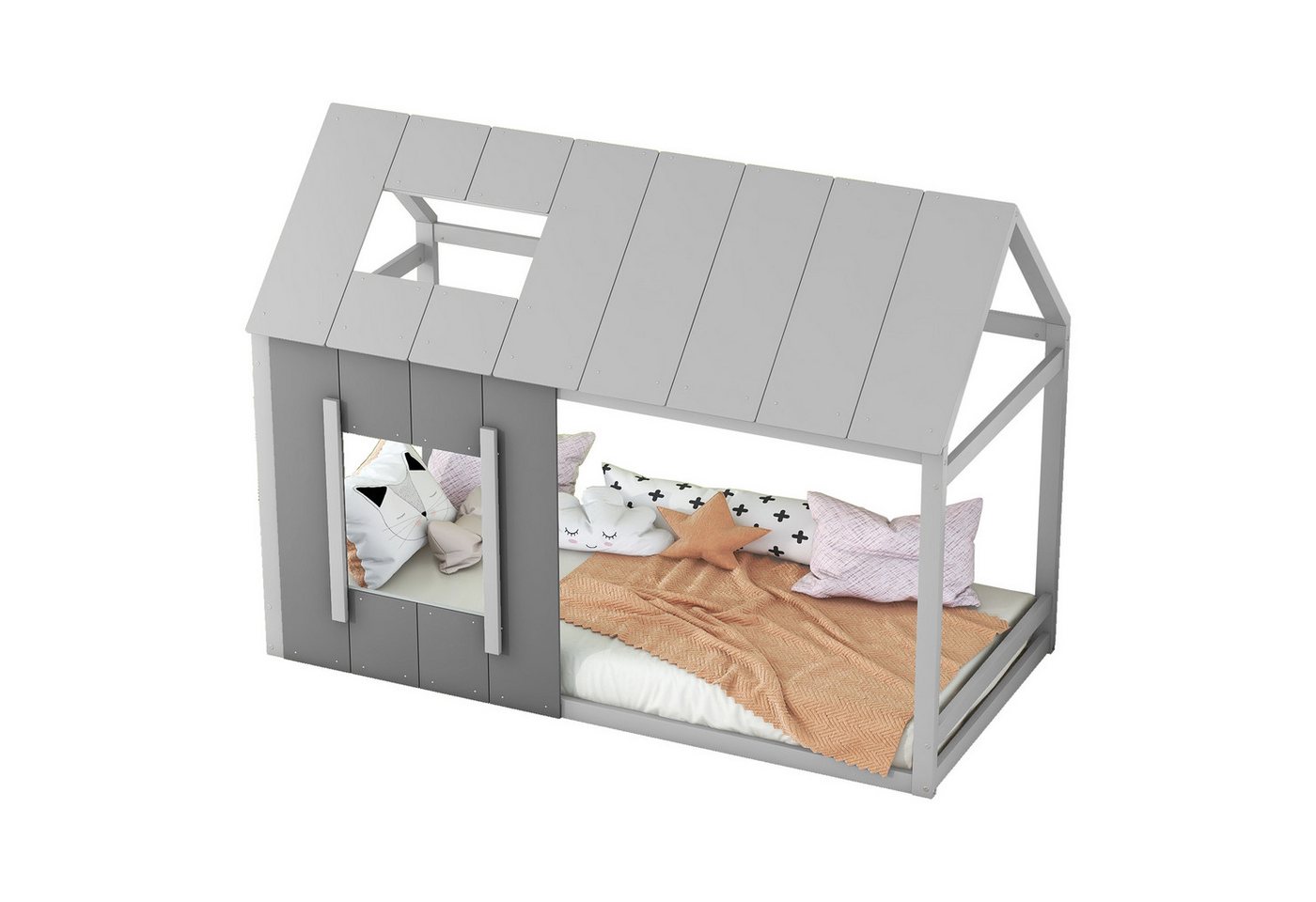 OKWISH Kinderbett 90 x 200 cm, Holzbett Hausbett Einzelbett (Kinderbett in Hausform, Einzelhaus-Flachbett mit Dach und Fenster), ohne Matratze von OKWISH