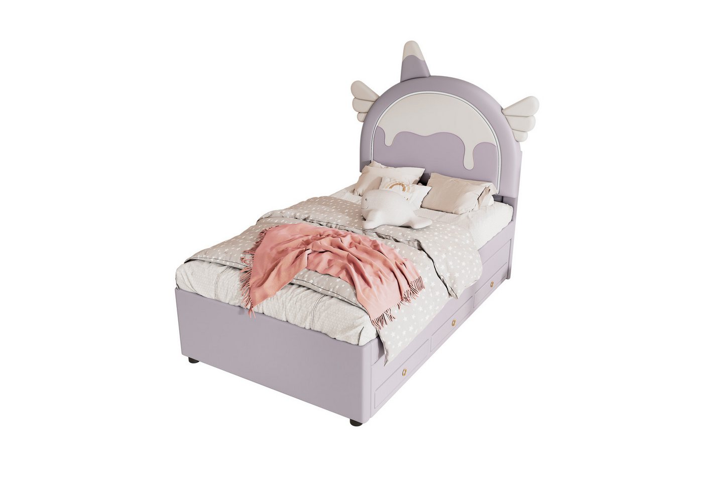 MODFU Kinderbett Einhornform, ausgestattet mit ausziehbares rollbett, kunstleder (90*200cm), ohne Matratze von MODFU