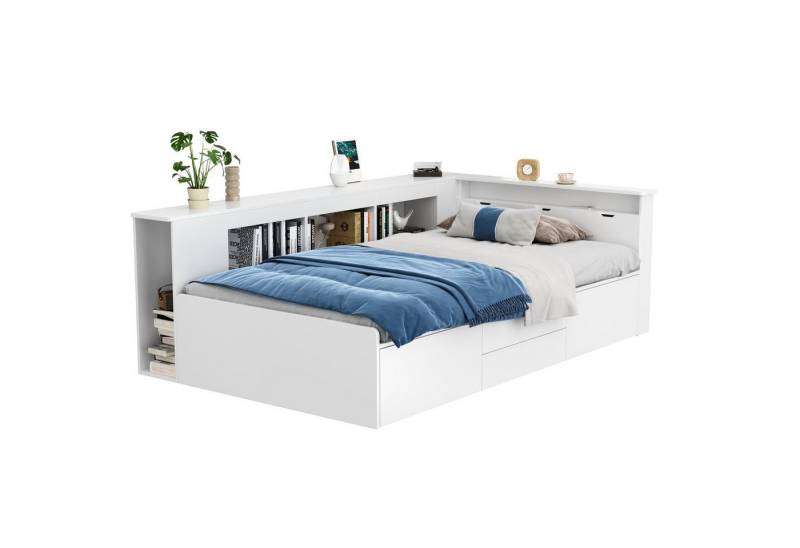 OKWISH Kinderbett Einzelbett mit Stauraum, mit Schubladen,Bücherregal und Stauschrank,90*200cm Inklusive Matratze von OKWISH