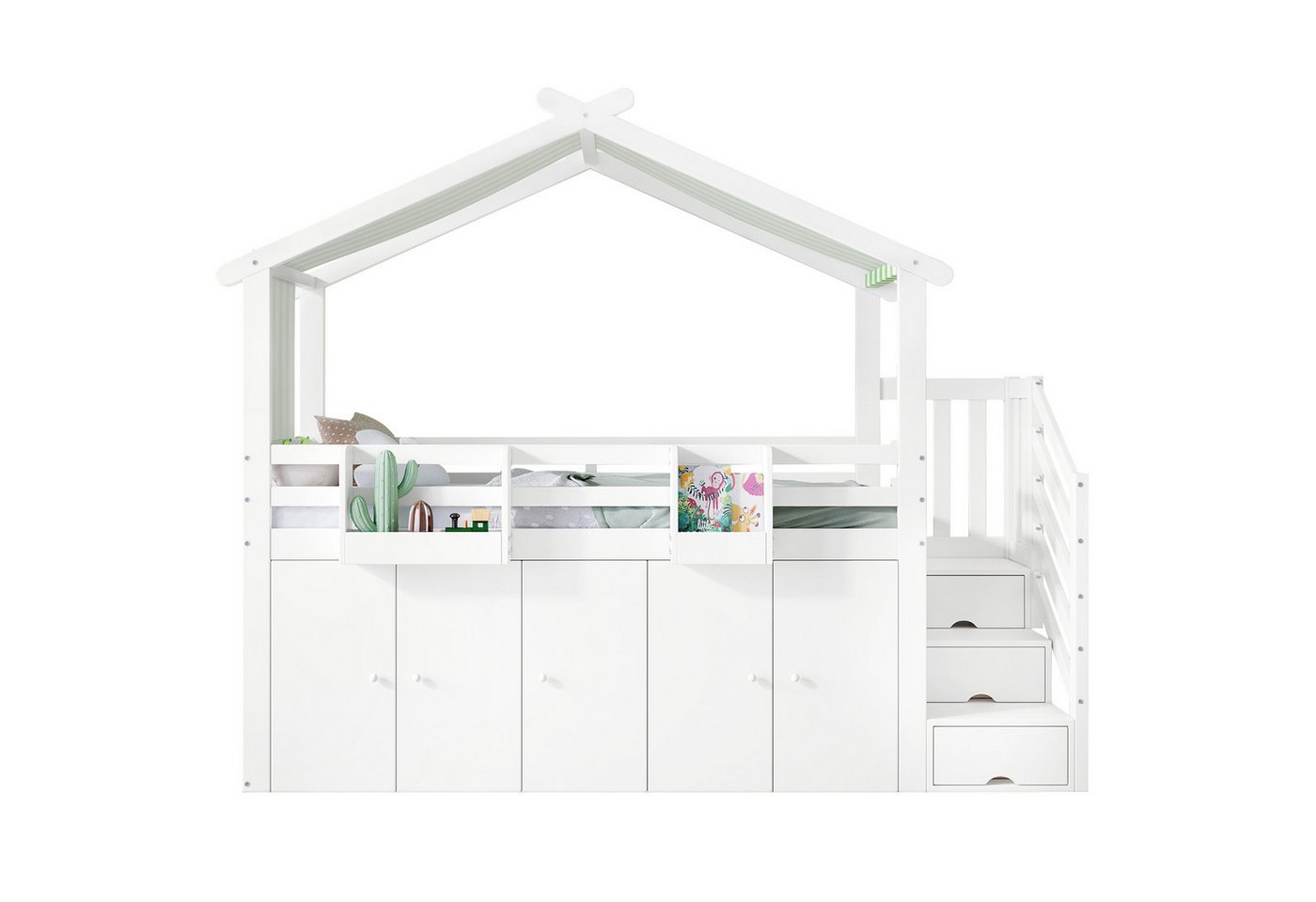 OKWISH Kinderbett Etagenbett,Jugendbett,mit Stauraumtreppe (Kinder-Etagenbett mit Dach, Stauraumtreppe & Kleiderschrank, 90x200cm), ohne Matratze von OKWISH
