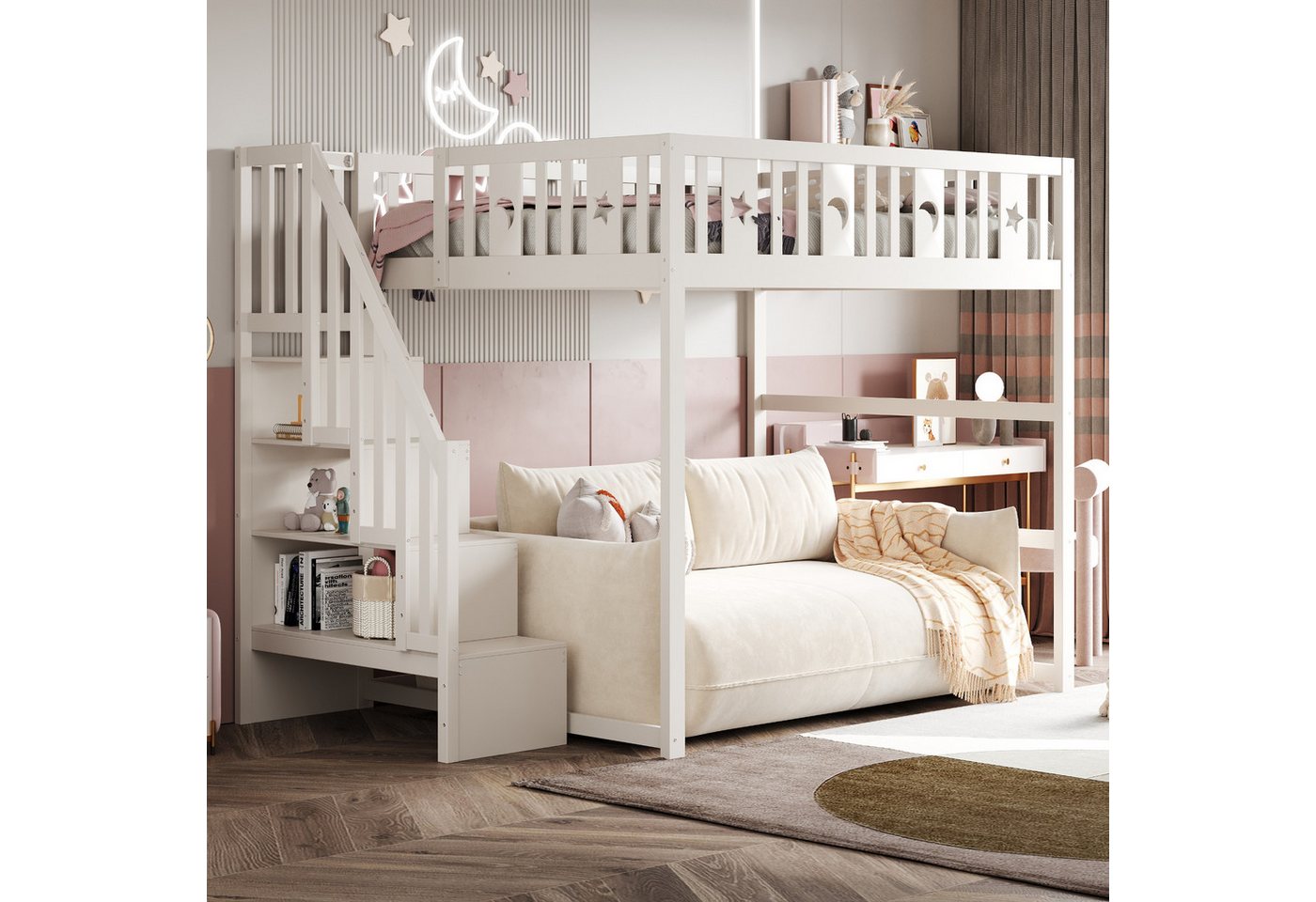 OKWISH Kinderbett Etagenbett Hochbett (mit Treppe und Sicherheitsgeländer, Massivholz mit Stern- und Monddekoration 140x200 cm, ideal für kleine Kinderzimmer), Inklusive Matratze von OKWISH
