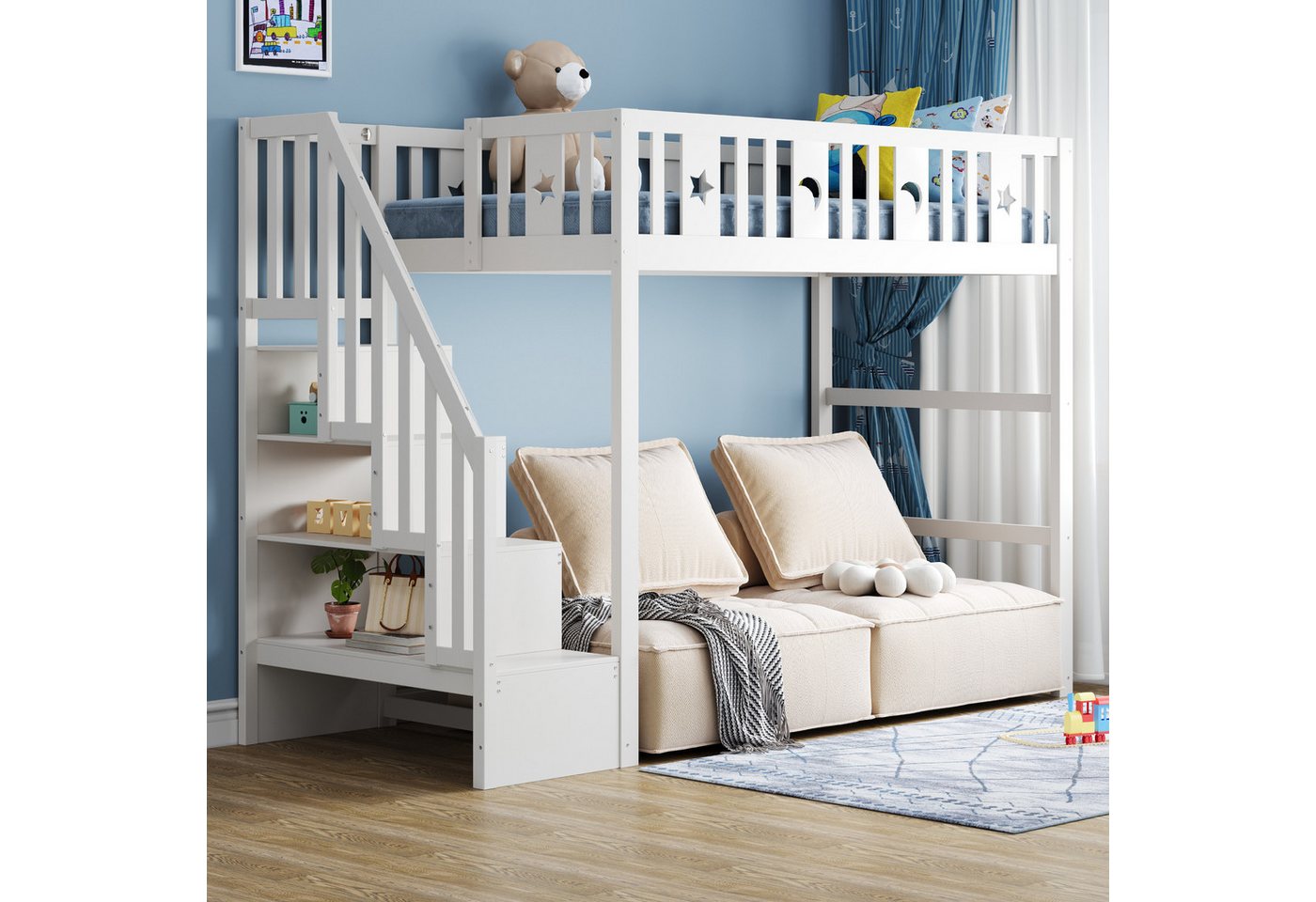 OKWISH Kinderbett Etagenbett Hochbett (mit Treppe und Sicherheitsgeländer, Massivholz mit Stern- und Monddekoration 90x200 cm, ideal für kleine Kinderzimmer), ohne Matratze von OKWISH